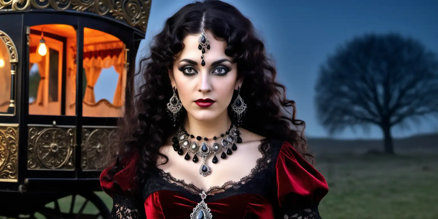 A Spanish mystic lady with dark long curly  hair, black mascara on her eyelashes & black eyeliner, she is wearing a crimson velvet black lace dress & with  satin inserts & teardrop black jewels all around the hem of the dress , she wears Victorian Era drop earrings & matching black crystal & silver necklace & bracelet. She is reminiscing of her ancestors during her ritual of protection magic. In the background is a beautiful ornate gypsy wagon & 2 horses , it is midnight

