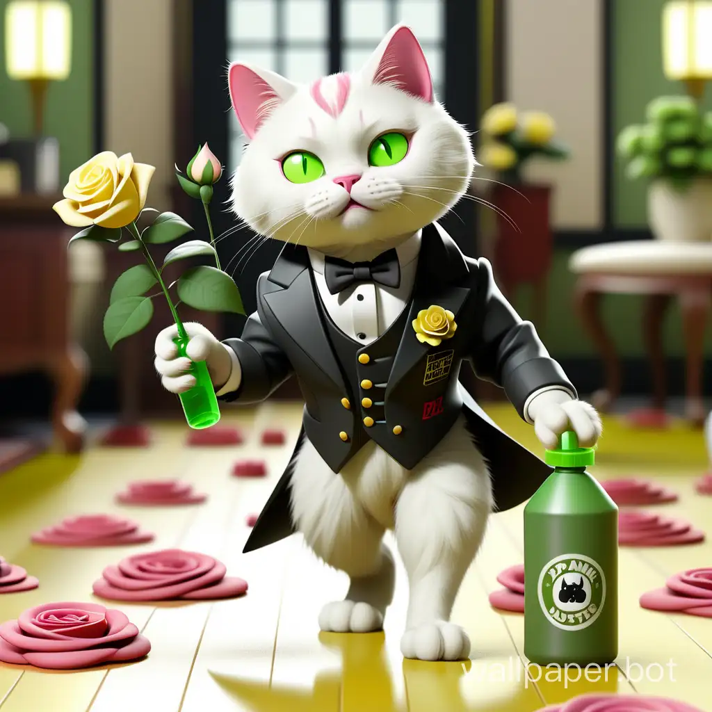 White Cat, dressed in TRASH BUSTER attire, in a tailcoat, with many Japanese roses on the floor, walks through a beautiful room, leaving a shine on the floor behind, holding a green spray bottle with a yellow trigger in hand, the logo on the bottle is Trash Buster.