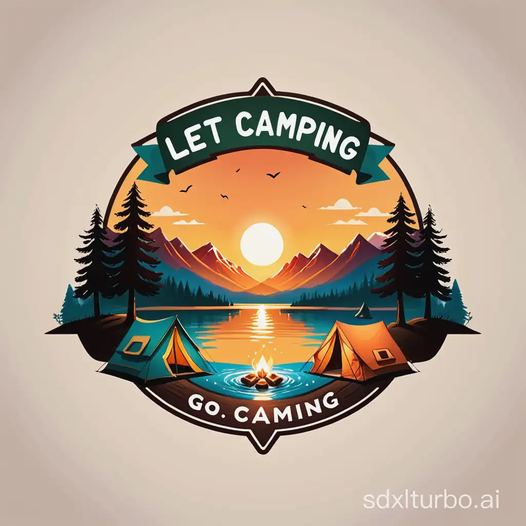 Help me design a logo, the logo elements include the setting sun, corner elements, and camping. Add the text 'Let's go camping.'