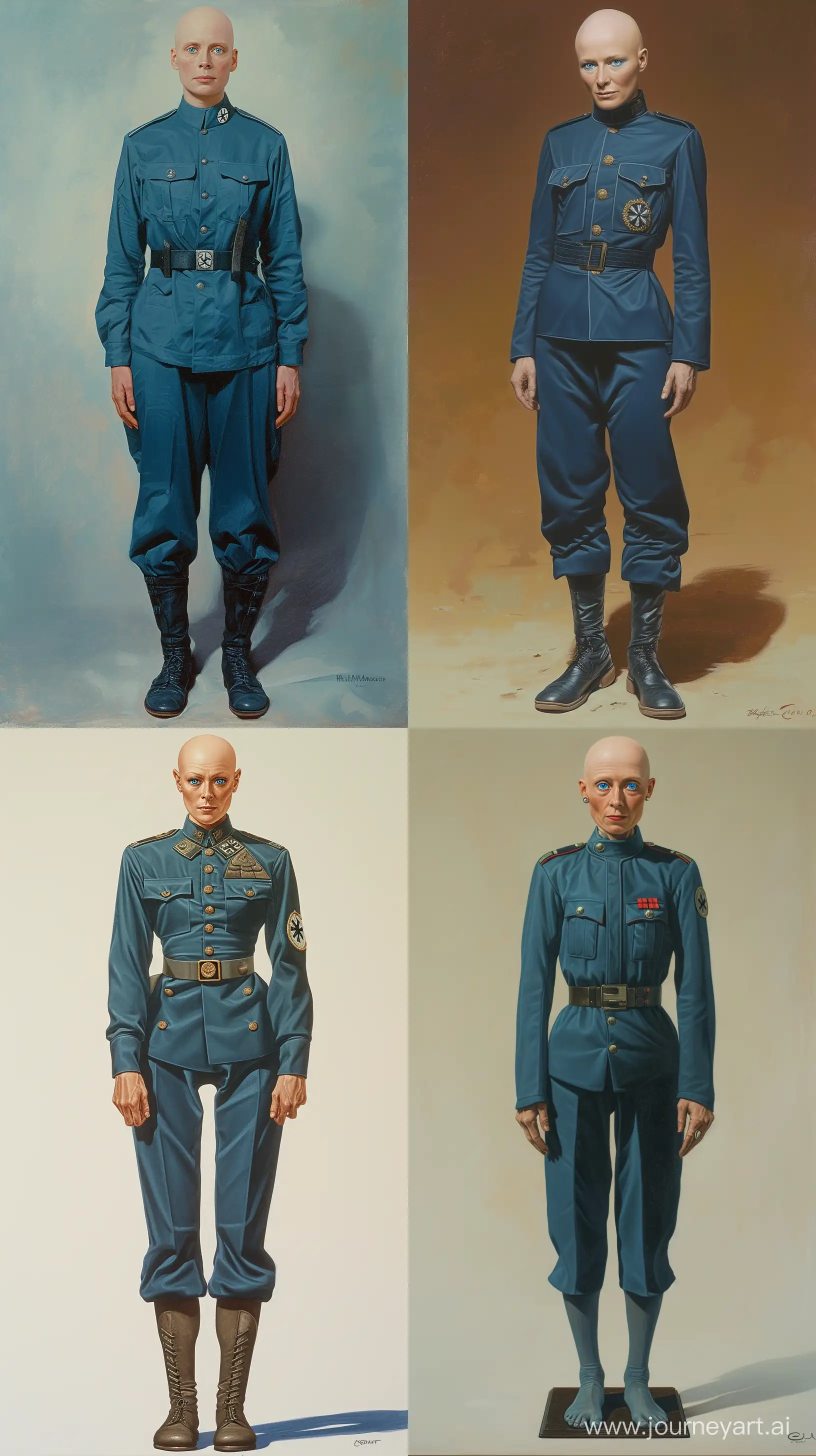 Retro-Science-Fiction-Portrait-Tall-Bald-Gillian-Anderson-in-Blue-WW2-German-Military-Dress-Uniform-by-Ralph-McQuarrie