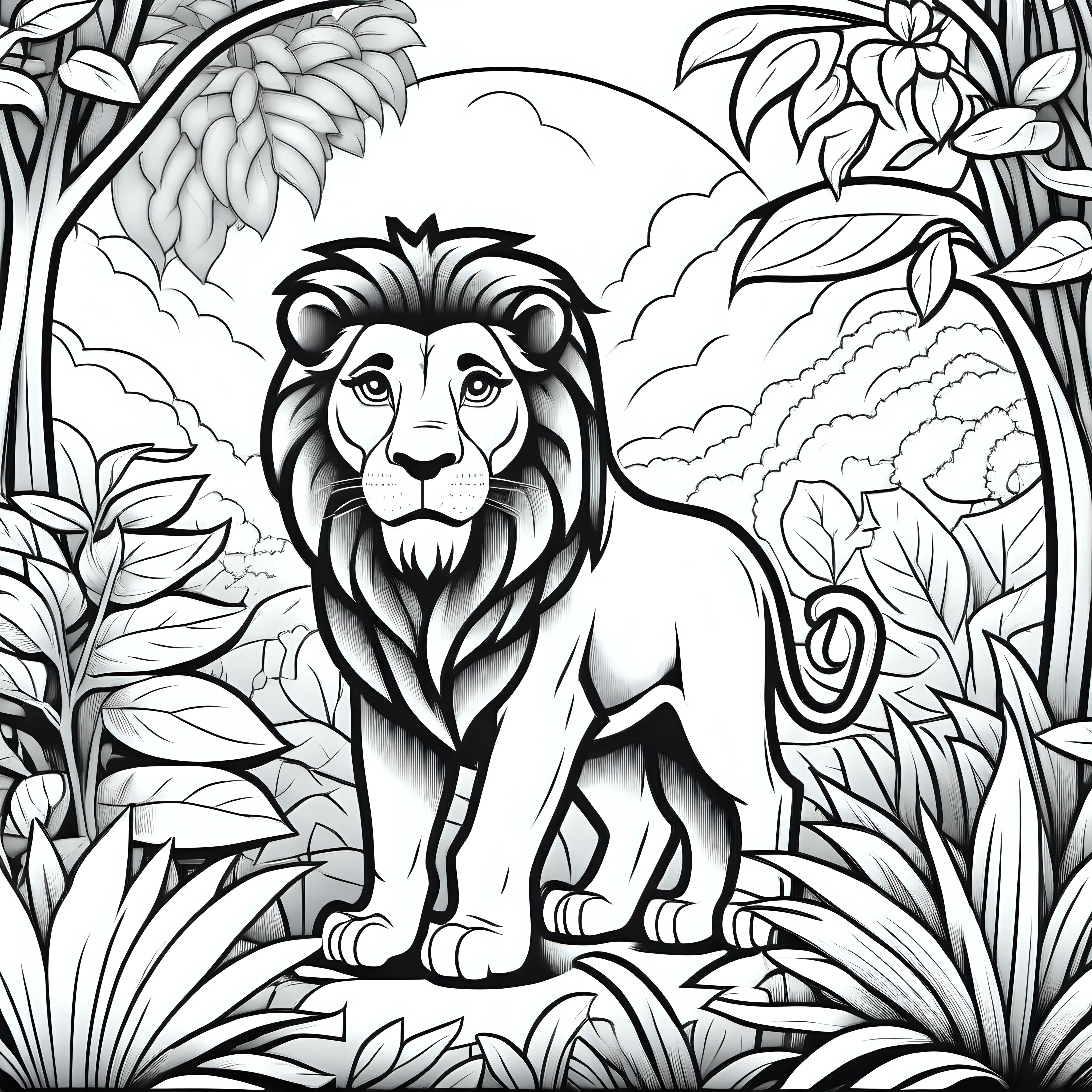 Coloring page for kids, Lion in Garden of Eden, clean line art