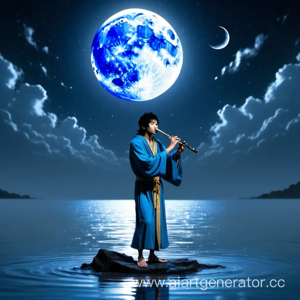 Человек стоящие на воде, над его головой светит ночная луна, он одет в синем халате, которая излучает лунный свет, выглядит он как музыкант. У него черные волосы. Он играет на флейте, которая из него вылетают магические ноты
