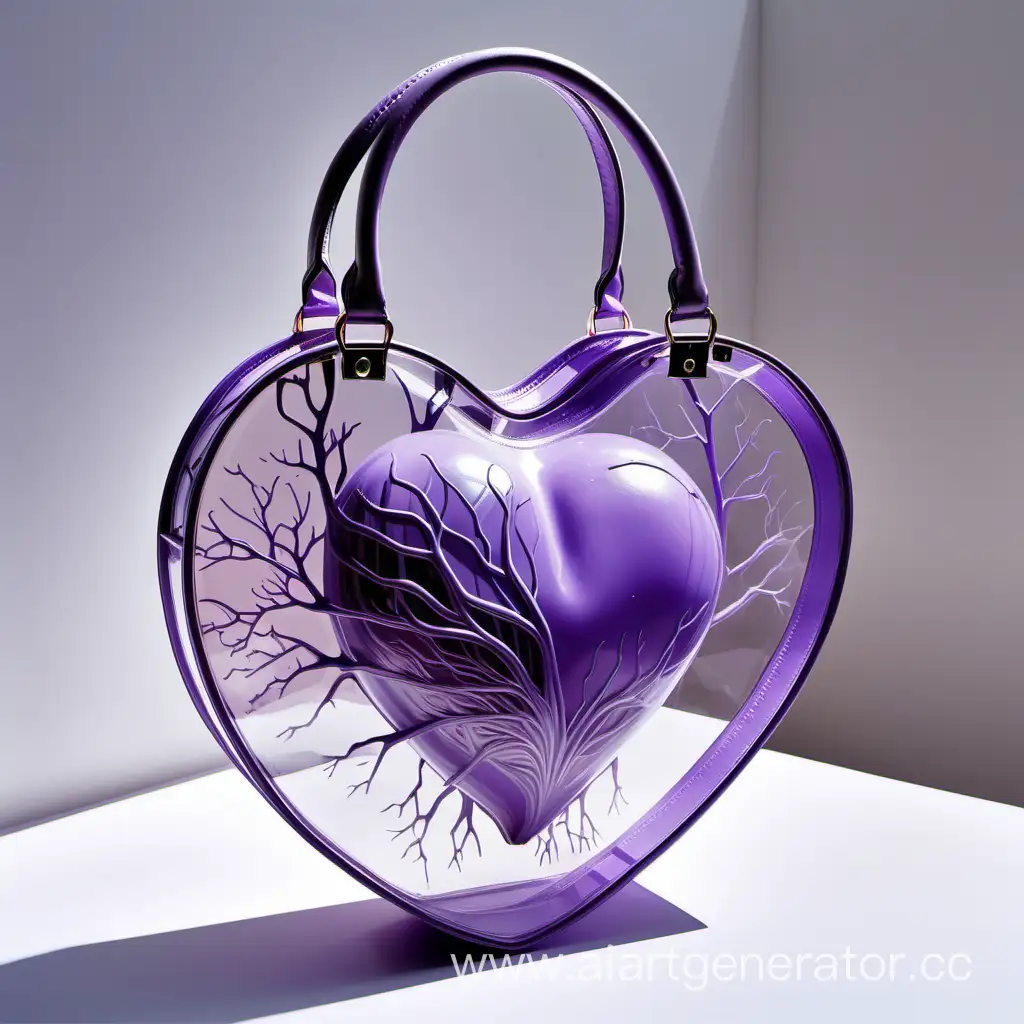 A small transparent heart-shaped women handbag. Lilac paint is injected into the transparent walls of the bag. The paint design resembles blood vessels.

The bag has two pairs of handles - long for the shoulder and short for holding it in your hands