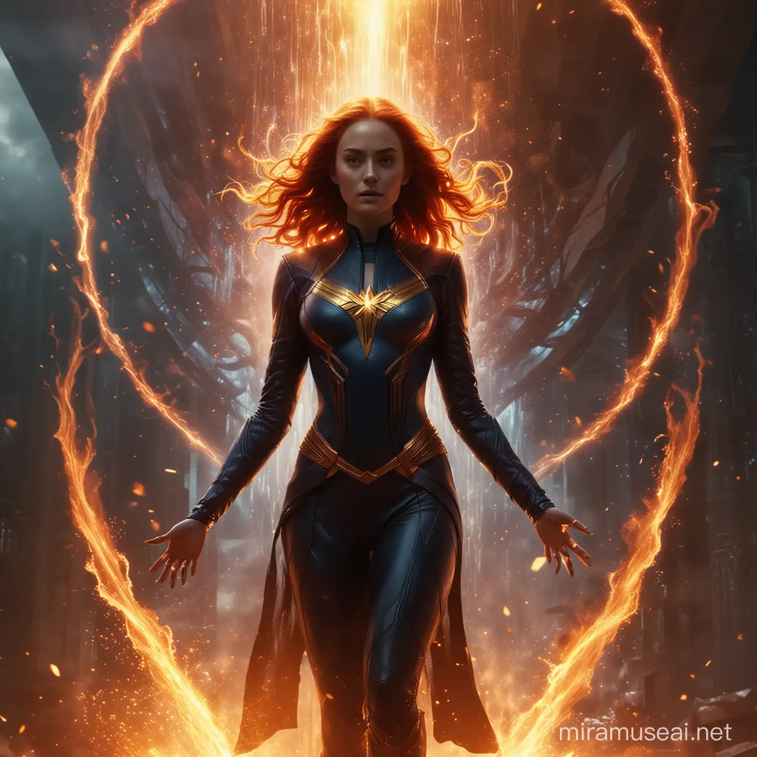 Dark Phoenix surrounded by a fiery aura, standing atop a celestial platform with energy tendrils cascading around her. The cinematic composition highlights the dynamic and dramatic nature of her transformation.