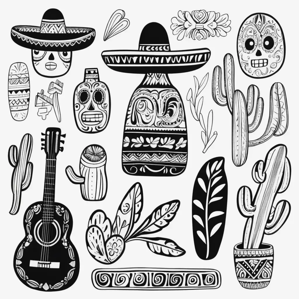 Mexican Cultural Icons Doodled in Black and White