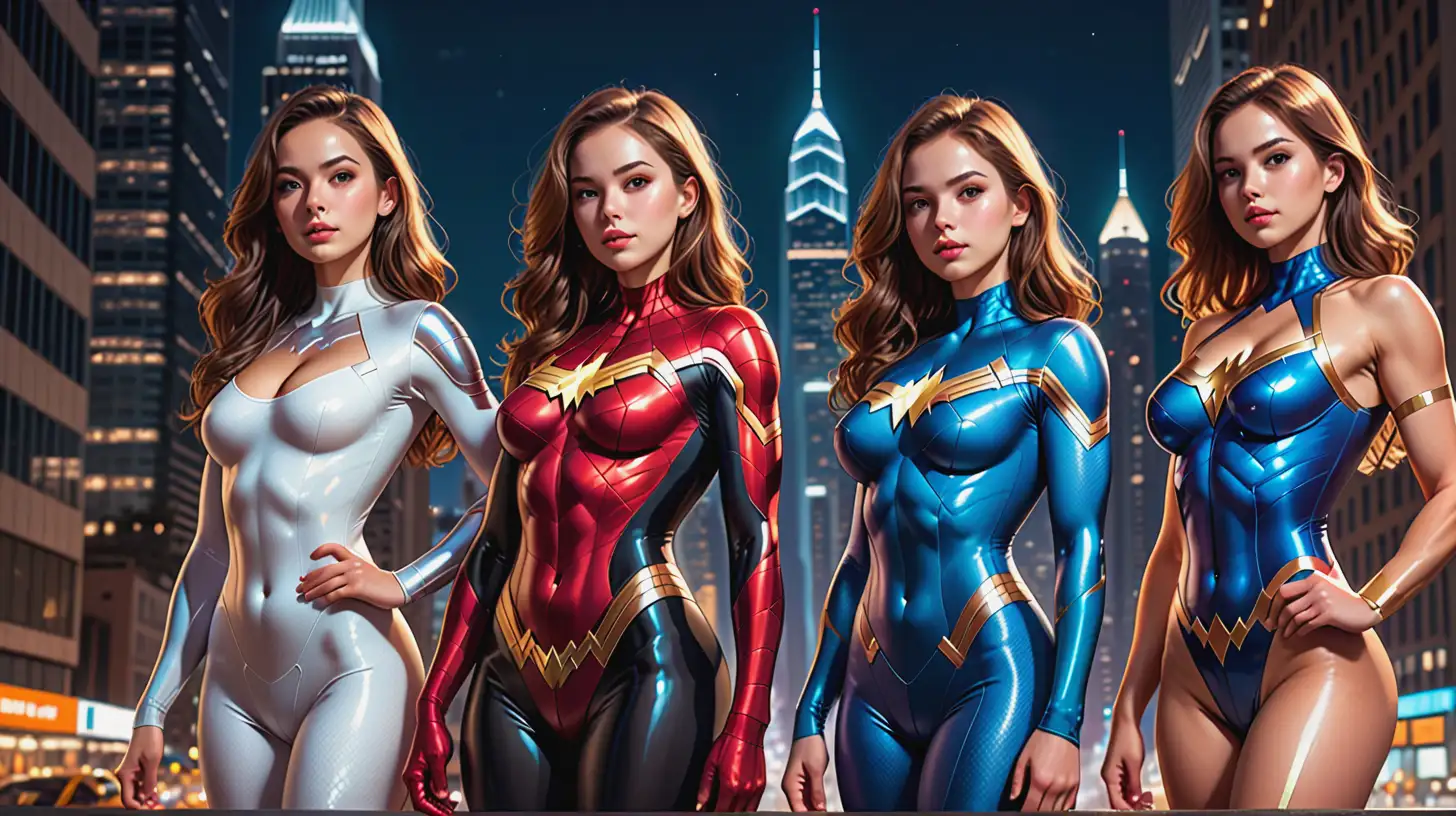young superheroines with different superpowers wearing flattering skintight bodysuits, posing confidently, post-modern city street, reflective skyscrapers in background, night time,

highly detailed, random details, imperfection, detailed face, detailed body, detailed skin textures, skin pores, detailed background, detailed colours hues tones patterns,