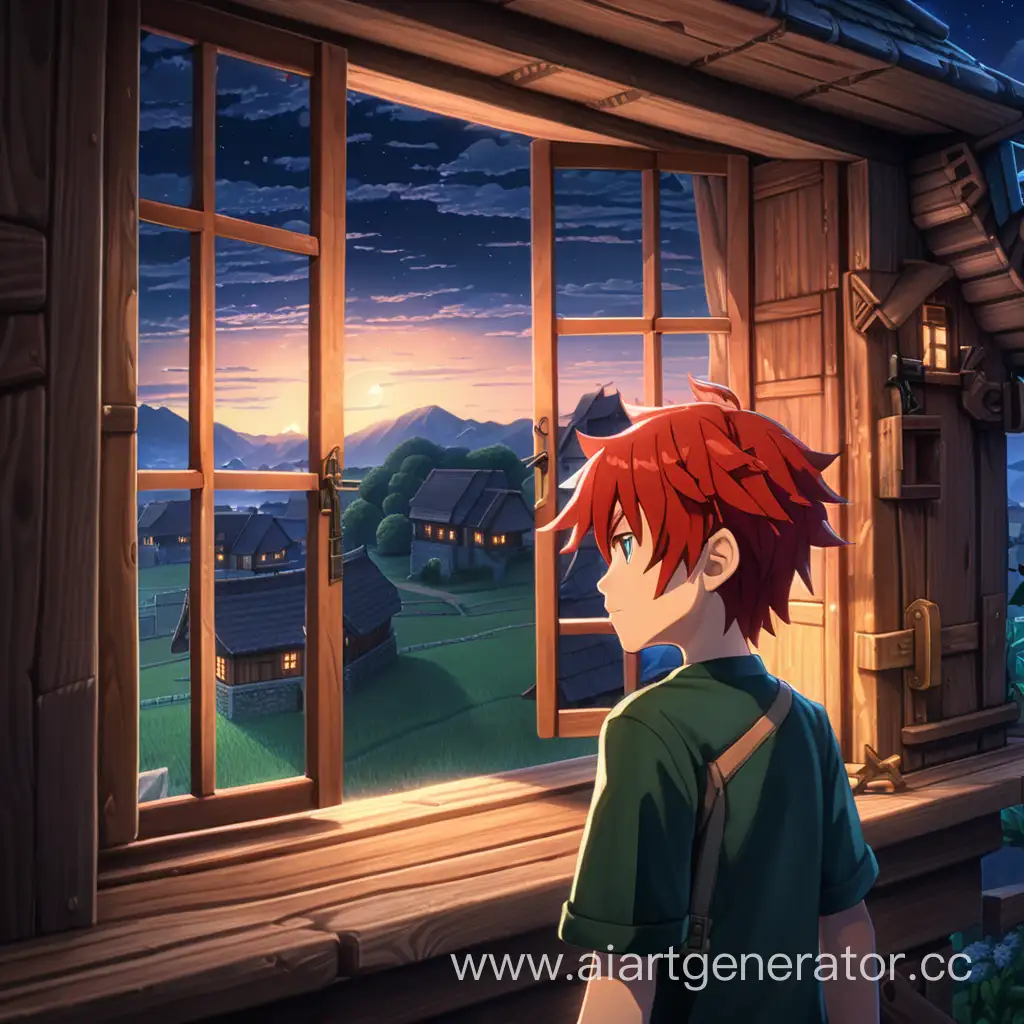 Curious-RedHaired-Anime-Boy-Gazes-Out-from-Pixelated-Wooden-House-in-Summer-Night