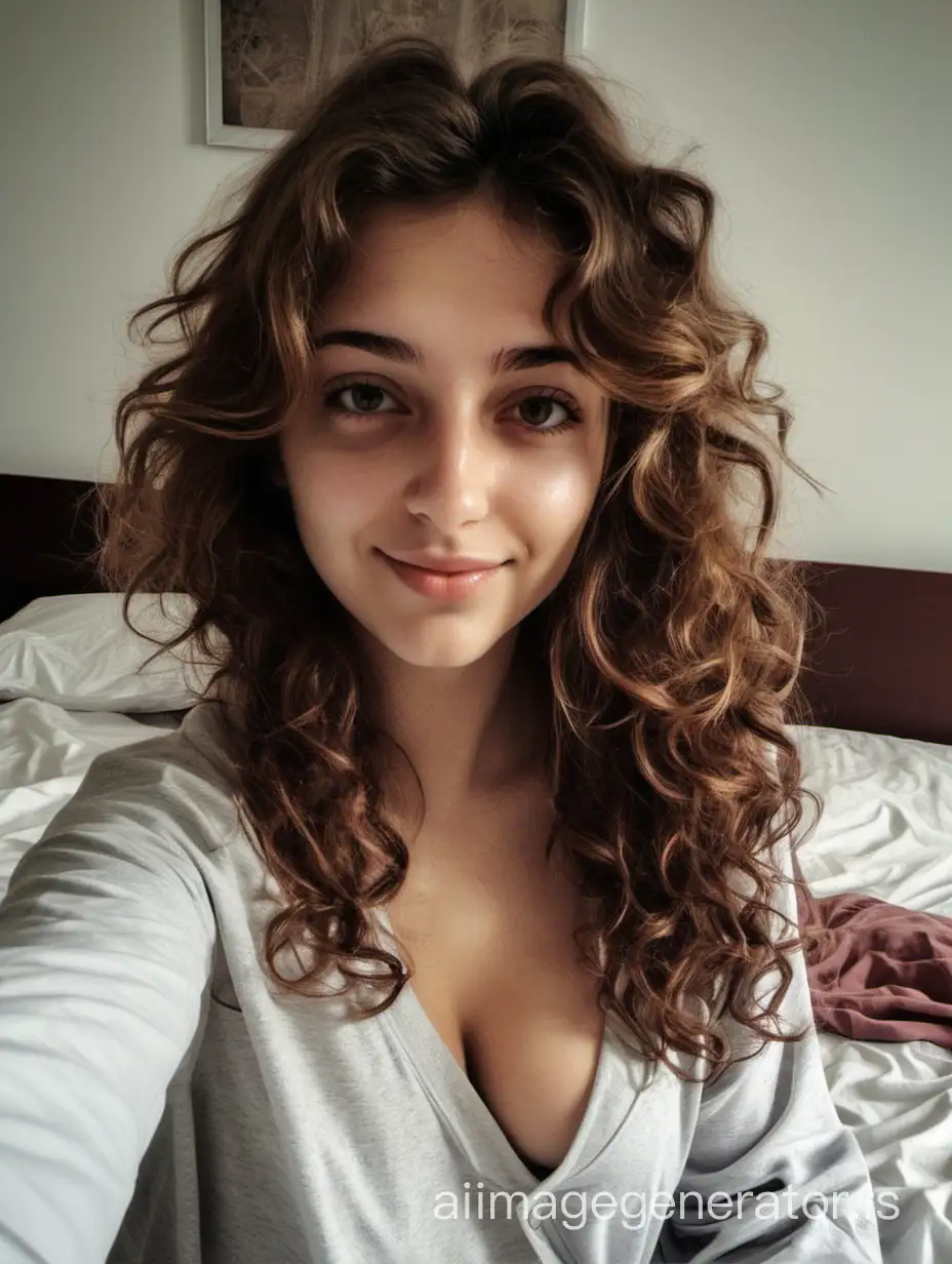a photo of Michela, an Italian prosperous girl just came back home from college with brown wavy hair taking a self hot picture after waking up in early morning