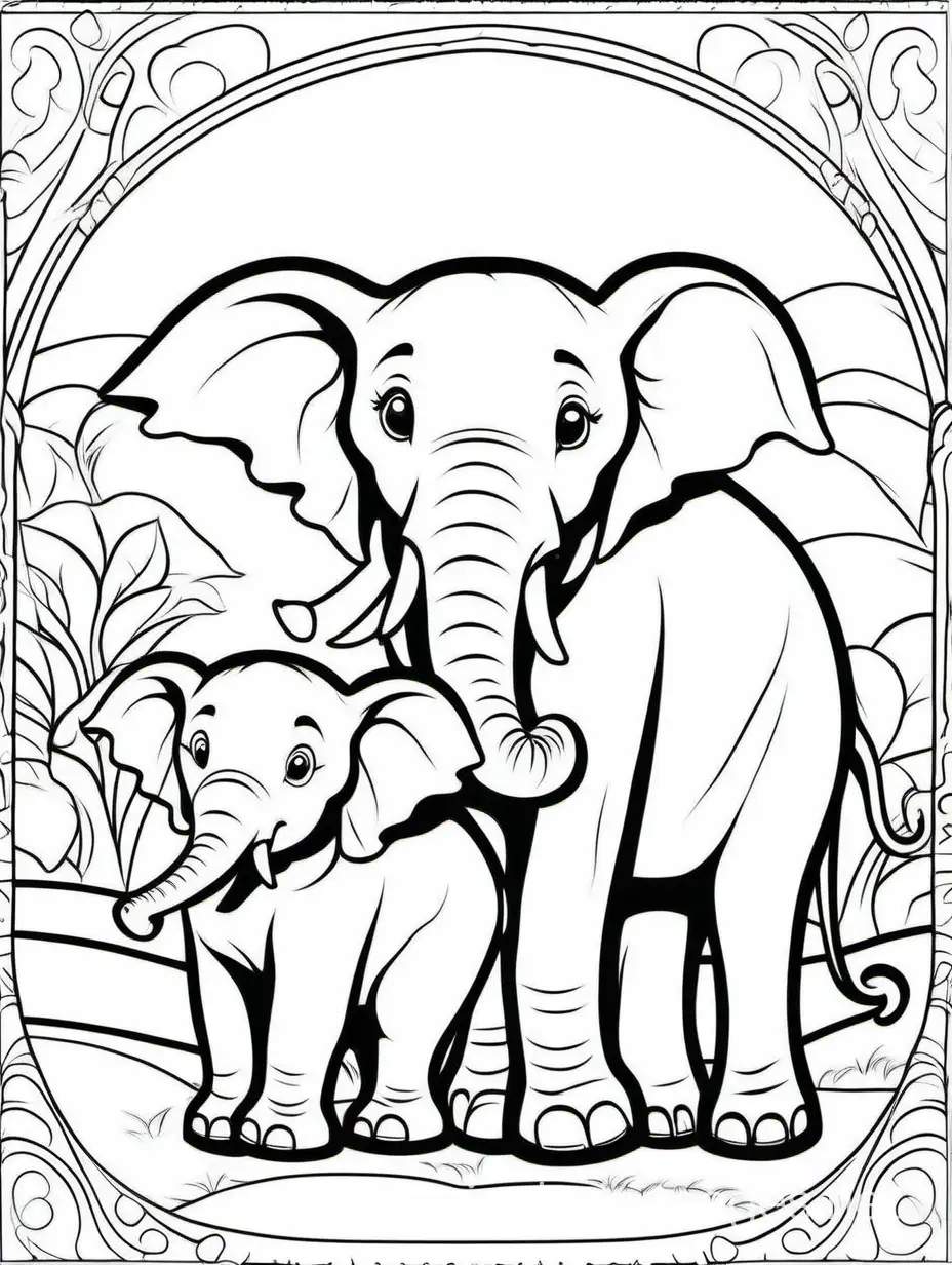 cute Elephant and his son for kids, Coloring Page, black and white, line art, white background, Simplicity, Ample White Space. The background of the coloring page is plain white to make it easy for young children to color within the lines. The outlines of all the subjects are easy to distinguish, making it simple for kids to color without too much difficulty