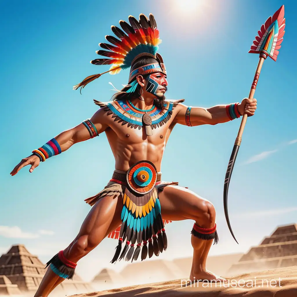 colorful aztec warrior throwing a spear  in the air 