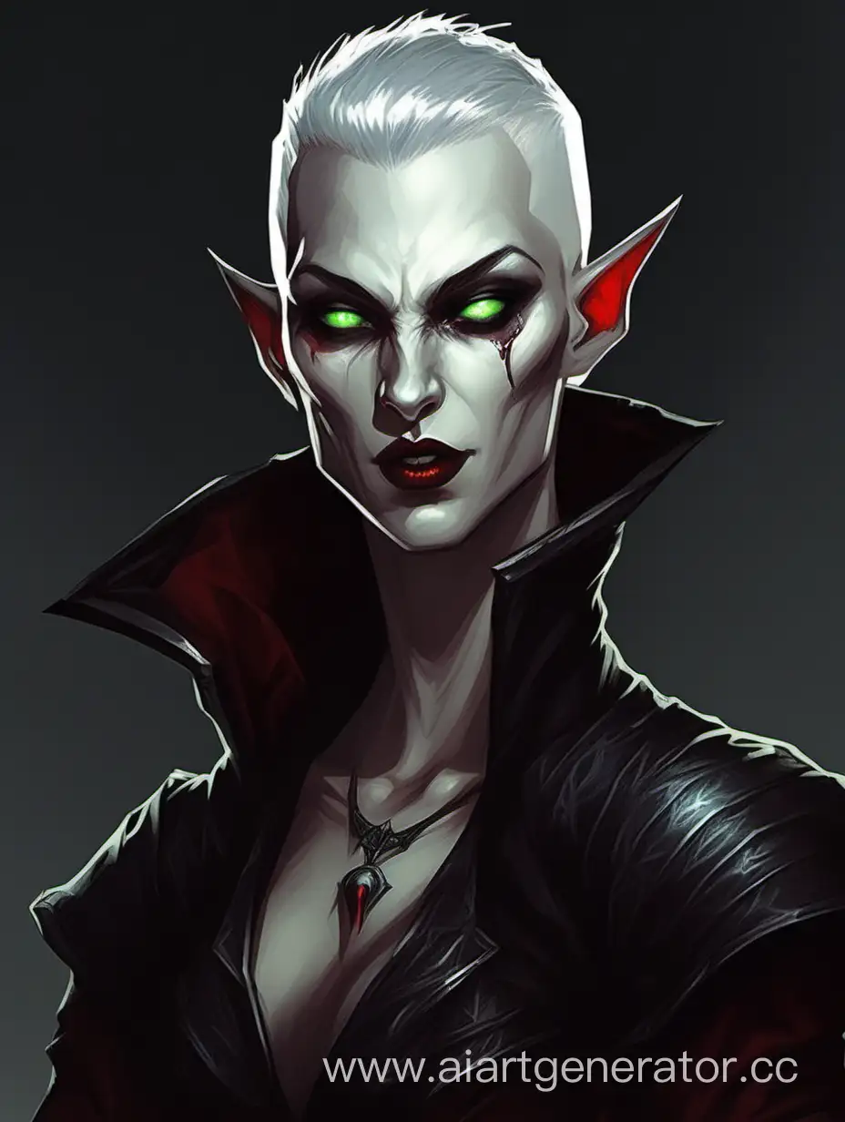 monster; vampire fangs; gray hair; buzz cut hairstyle; green eyes, red sclera; pale skin; no makeup; drow; dark fantasy; dungeon and dragons;  full body reference;
