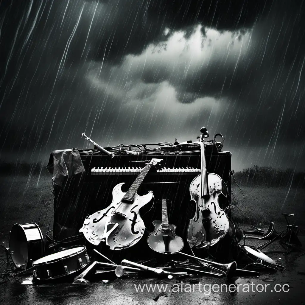 Музыкальные инструменты на постере, разломанные музыкальные инструменты на фоне, вид спереди, дождь, ночь, гроза, черно белые цвета, потрепанный постер
