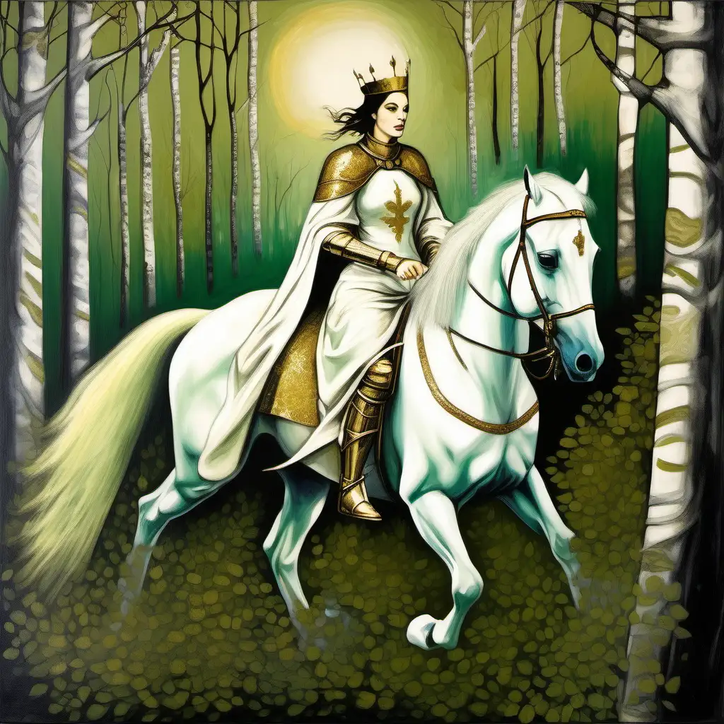 A vintage inspired painting of a stunning medieval queen who is riding into a deep woodland on a beautiful white horse, elements of retro futuristic anachronism with a color scheme dominated by sage green and gold, oil painting, strong brush strokes, layered 