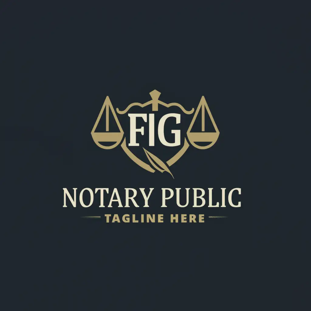 a logo design,with the text "FLG Notary Public", main symbol:Quill pen and scales of justice,Moderate,be used in Legal industry,clear background