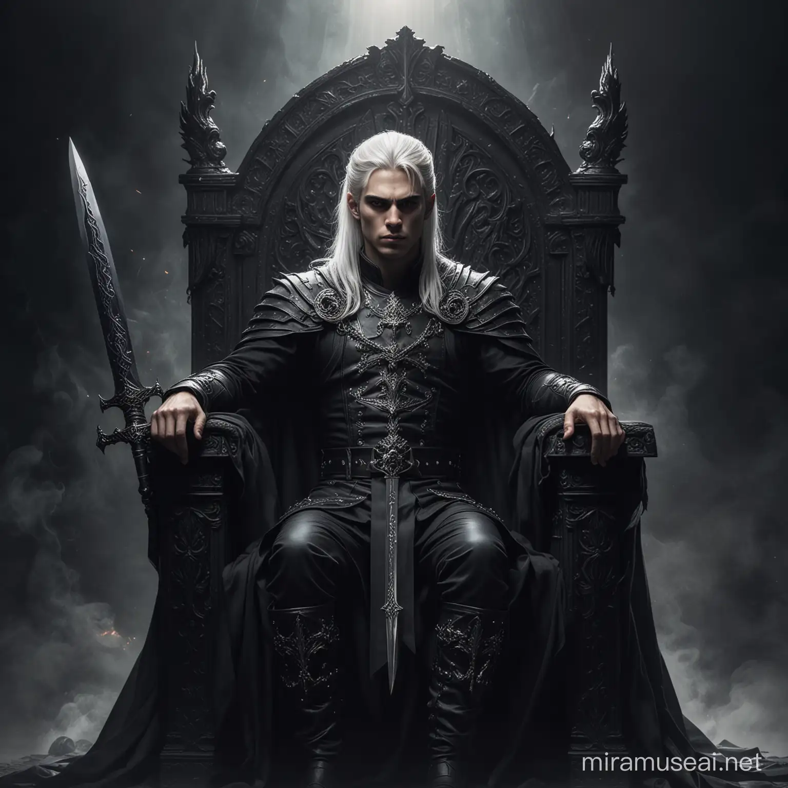 Dark Fantasy Scene Young King on Throne with Blade of Purgatory