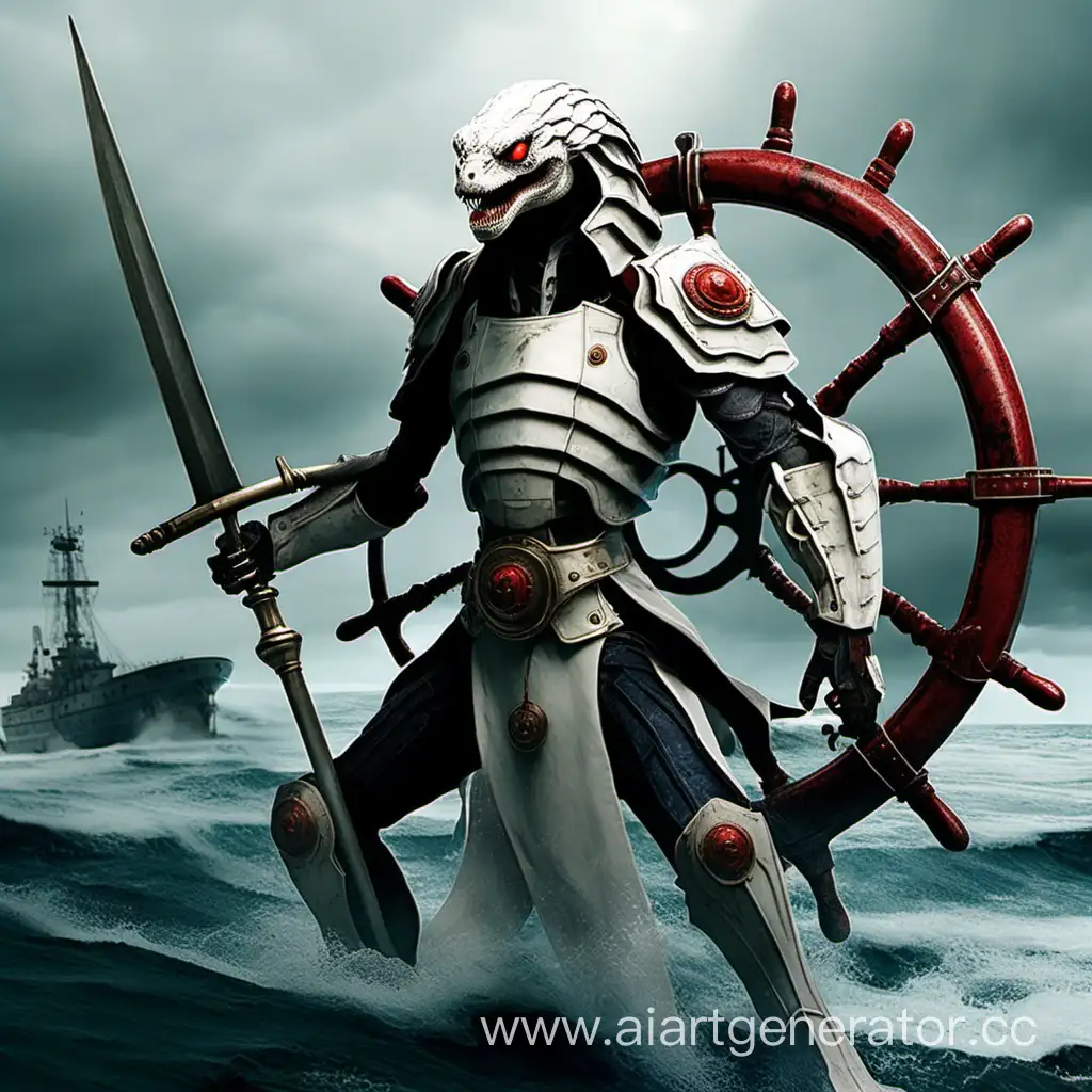 Человекоподобный Белый Змей-морпех с красными глазами в руках держащий штурвал корабля вместо щита и саблю
