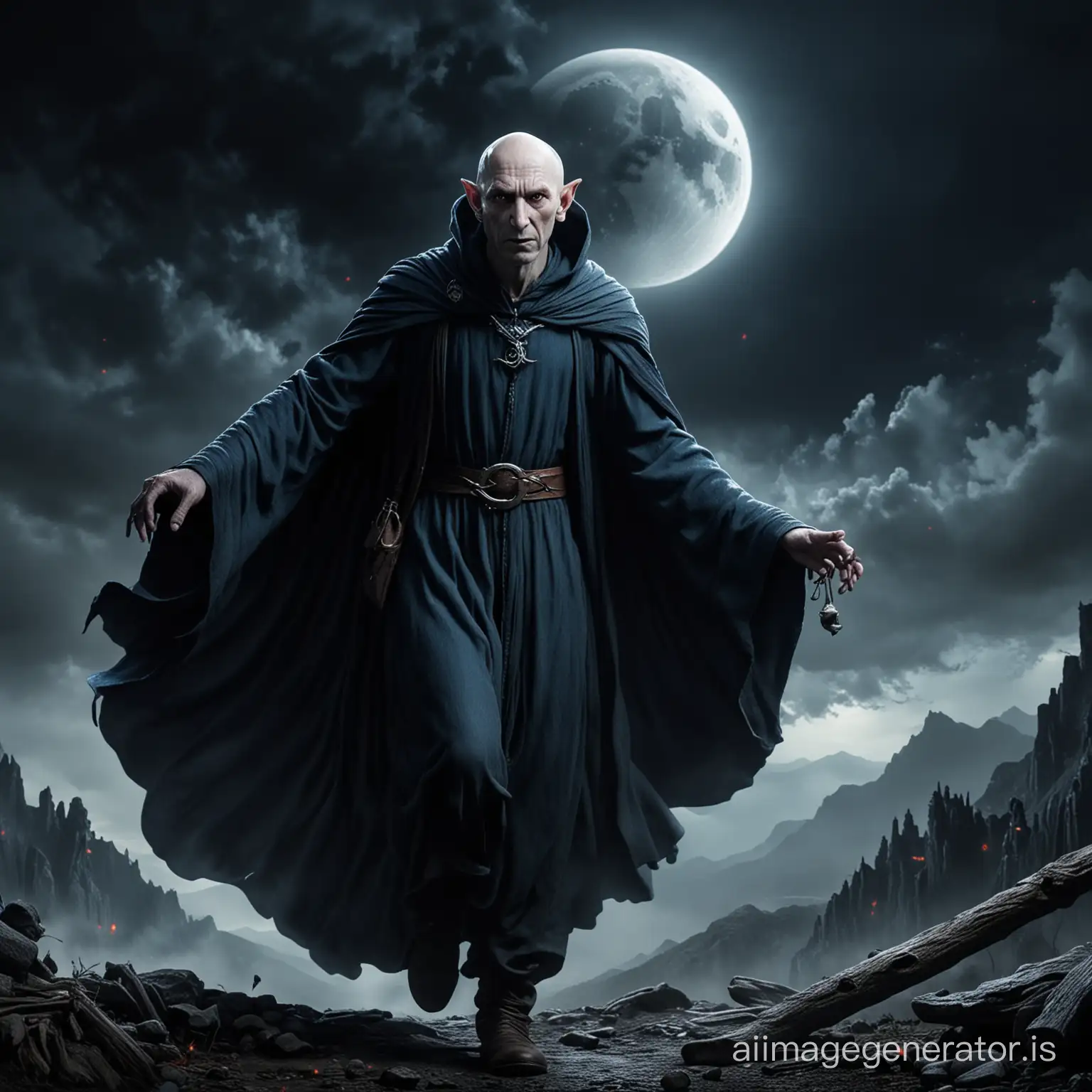 Realistic photo of a bad wizard. He is very thin and tall. He is bald. He hal elvish ears. He has a long hooked nose and red eyes. He wears dark blue robes. He's flying in the moonlight. Fantasy movie. Lord of the rings. Realistic