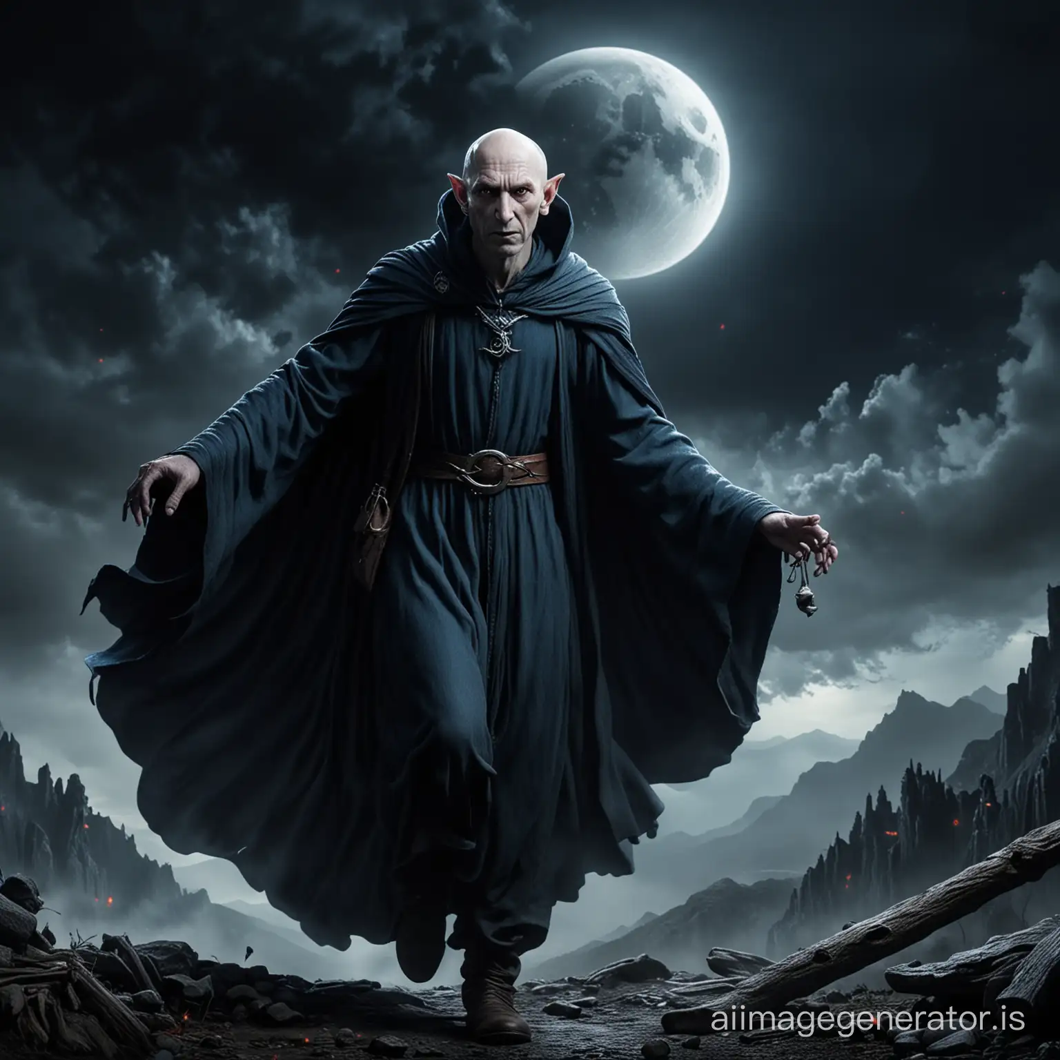 Sinister Tall Wizard Soars Under Moonlight in Elvish Robes | AI Image ...