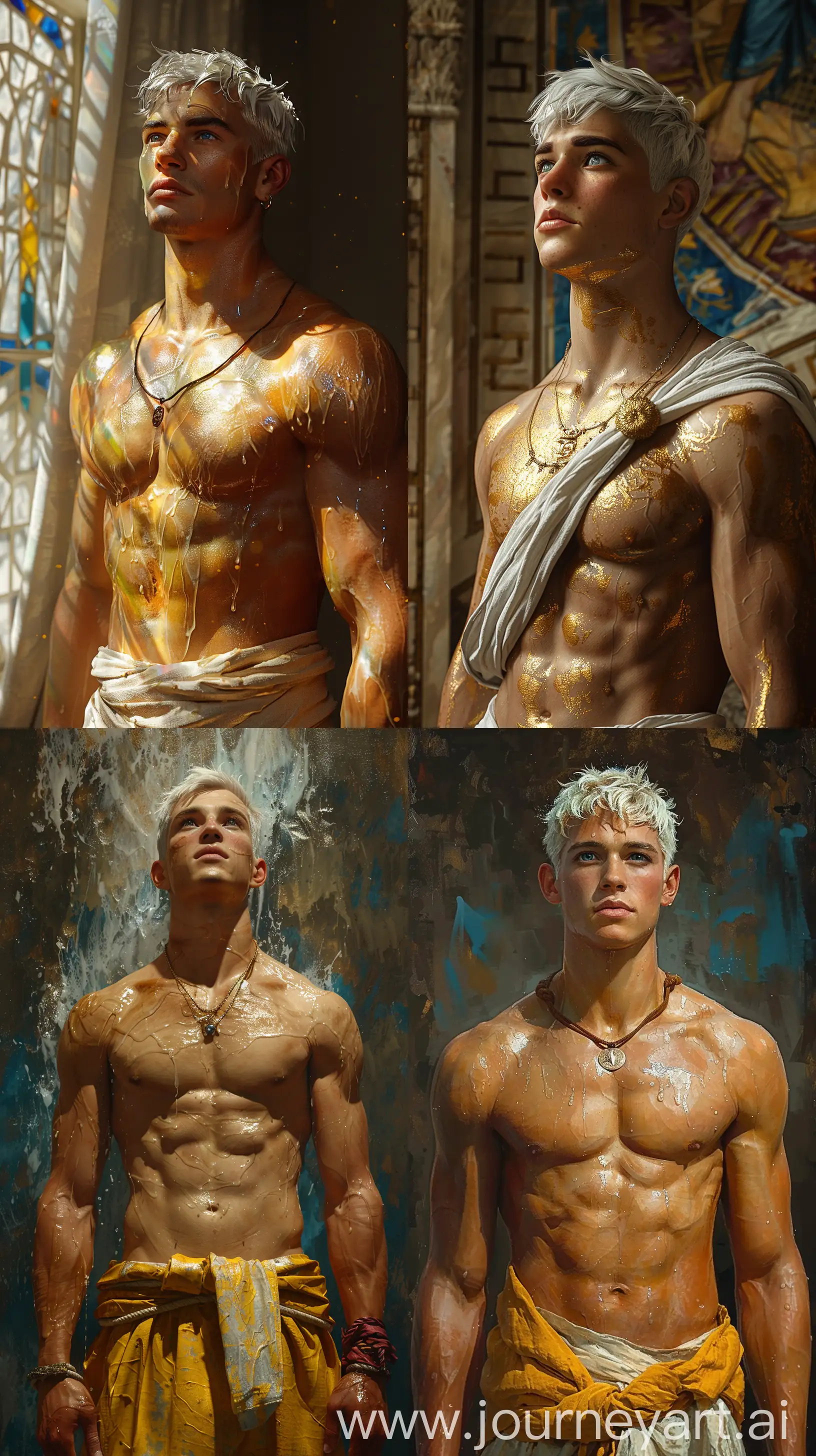 imagine prompt: Impressionism, impasto, watercolor oil painting, wet on wet details.
Best quality, masterpiece, octane render, godrays, ultra high res, photorealistic : waist up view of a supernatural god as a young man.
Golden tanned bronze skin, short white hair, dark blue hypnotic almond shaped eyes, very muscular lean and stunningly handsome and pretty. : by artgerm and skottie young 32K, high quality, detailed paiting by gaston bussiere, craig mullins, j.c. leyendecker, 8k, royal painting, dynamic lighting, colorful lighting : high quality, ultra detailed --s 750 --ar 9:16