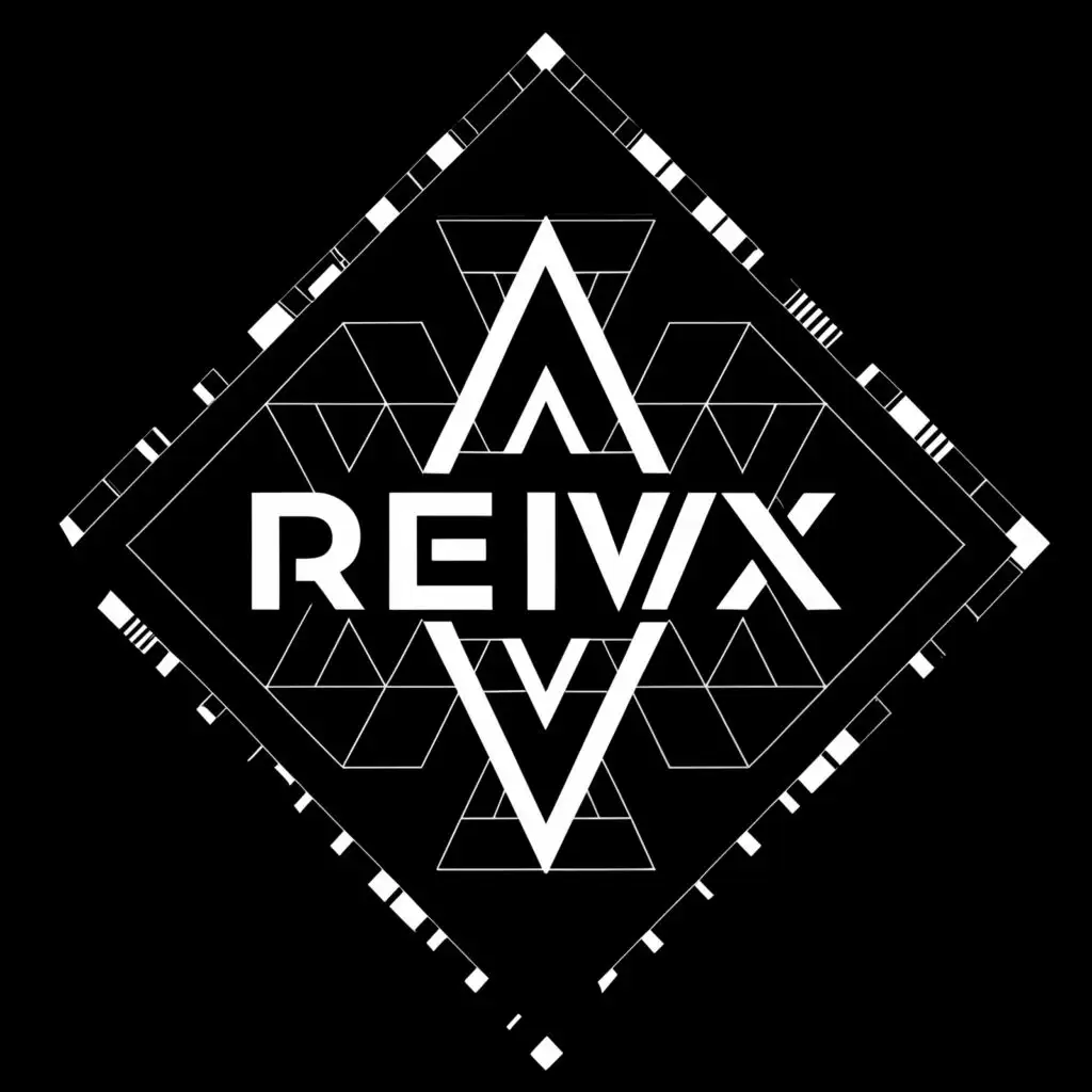 logo, Word: Reivix with big font, black and white logo, triangle, sharp edges, industrial, futuristic, suitable for hard electronic dance music, symmetrical, with the text "Reivix", typography