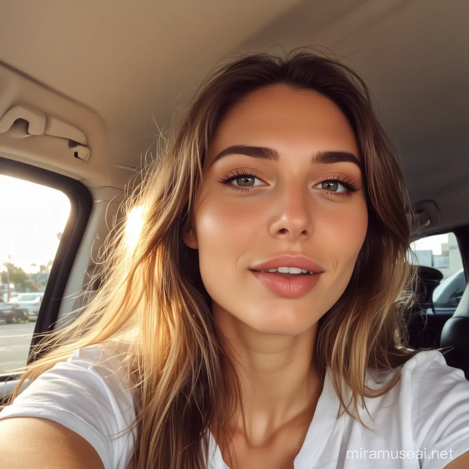 a handsme men with long hair, wearing jeans and an oversized white t-shirt sits in the back seat of her car taking selfie, the woman has light makeup on her face, she is blowing a kiss to camera, perfect symmetric eyes, the sun shines through the window onto his head, photo taken from inside the vehicle
