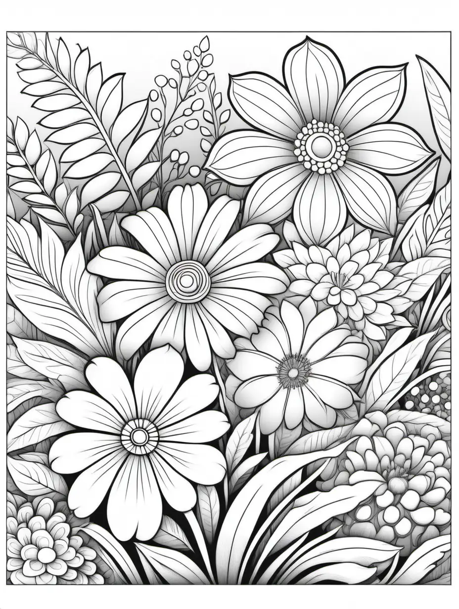 coloring page, floras, flowers, white background, black bold line, clean line art, fine line art, full page, edge to edge --HD --AR 2:3