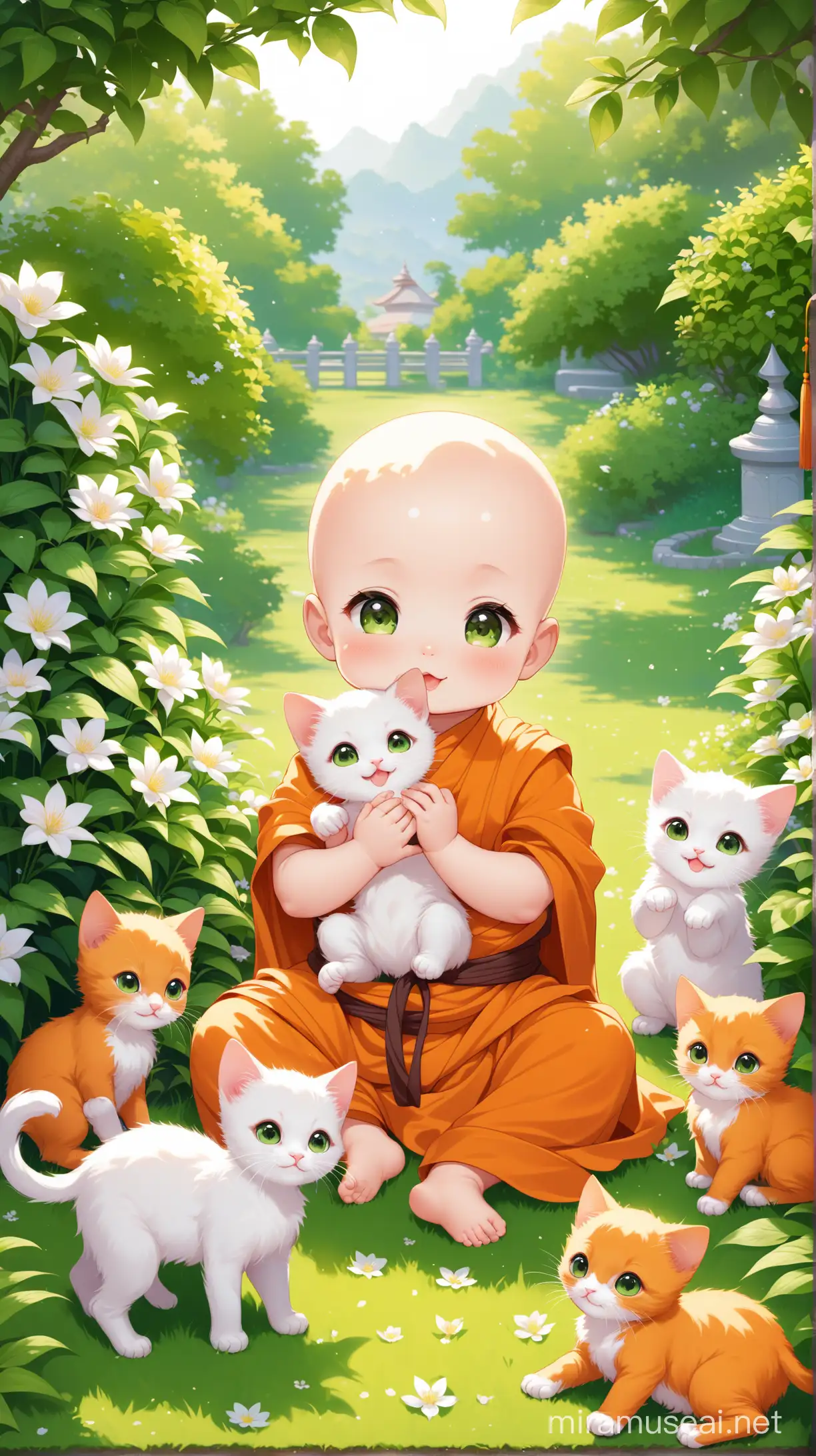 Adorable Baby Monks Playing with Kittens in Lush Garden