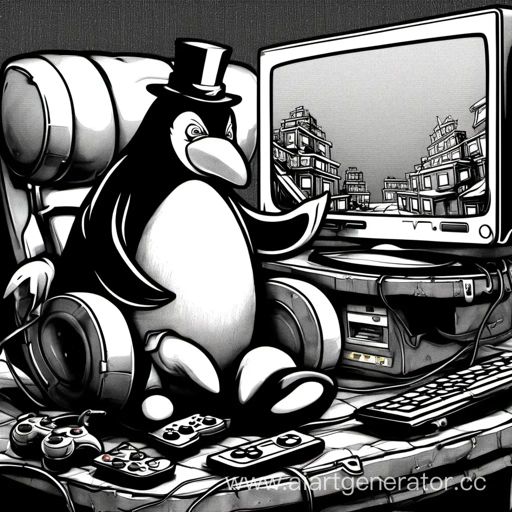 Пингвин играет в видеоигры