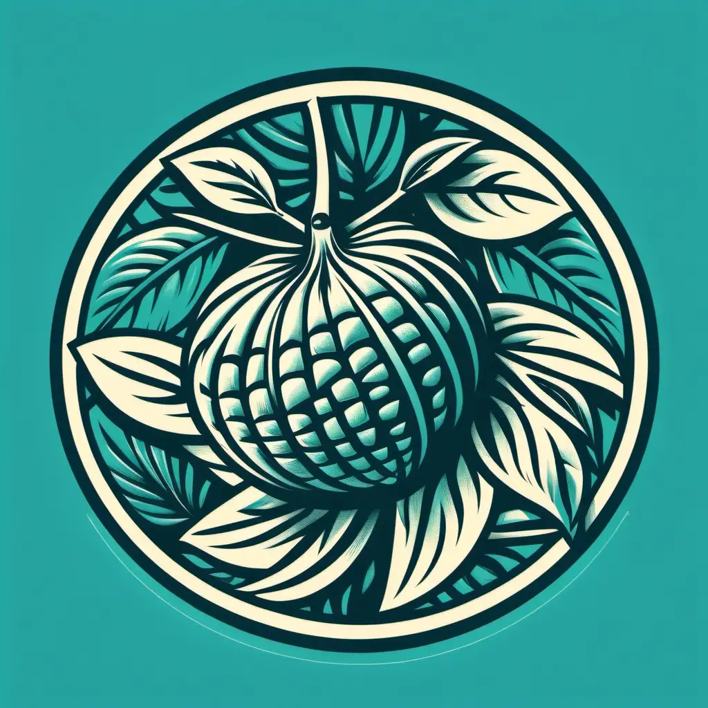 create a modern, circular vector logo featuring an ulu or breadfruit closeup - fruit with leaves. Block print technique. 1-2 colors, turquoise color, do not include copyt/type on logo. Hawaiian cultural feel.