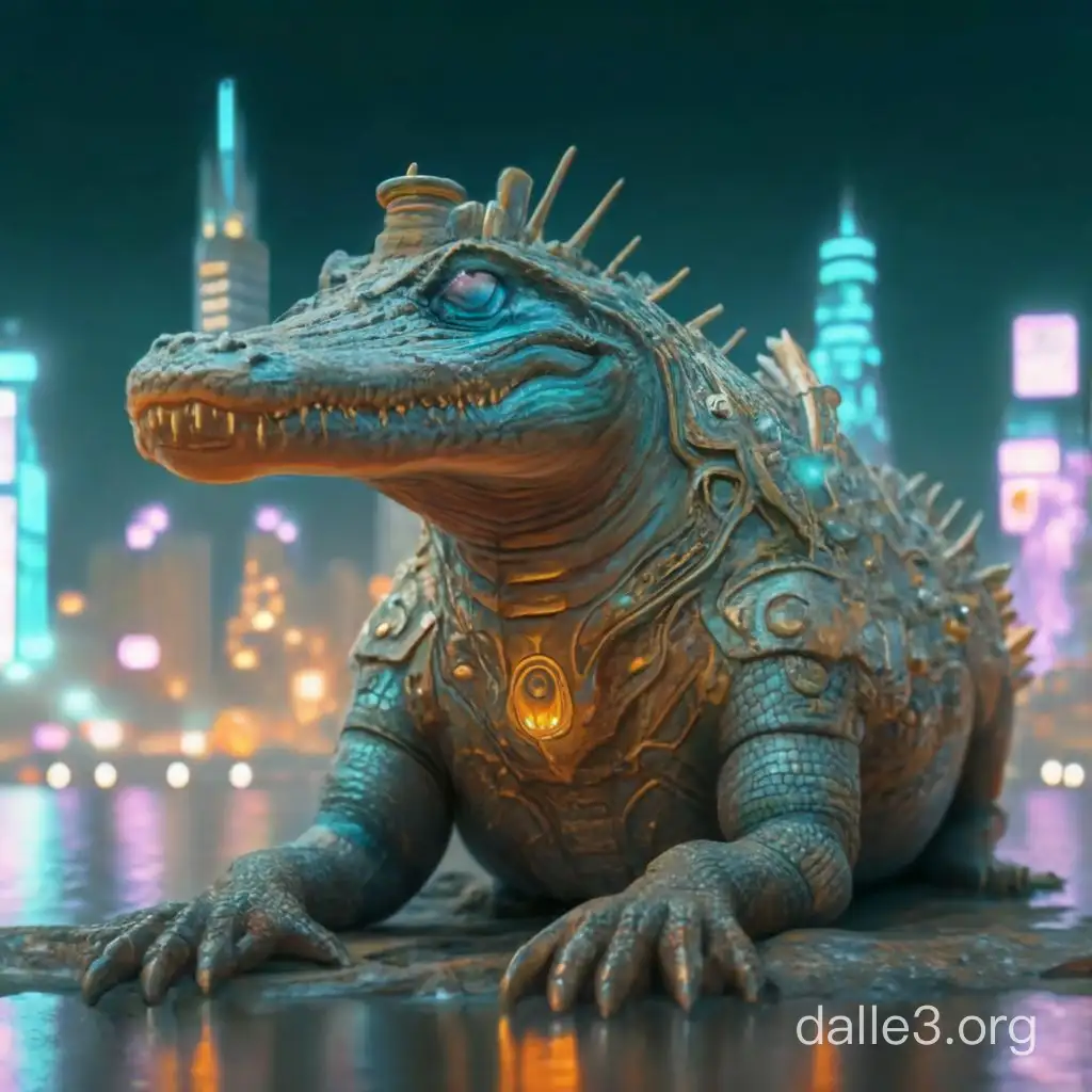 Imagine Sobek as a modern-day deity, depicted as a cybernetic crocodile with glowing blue eyes, adorned with intricate hieroglyphic patterns etched into its metallic skin, standing amidst a futuristic city skyline with neon lights reflecting off the water below. Hyper realism 
