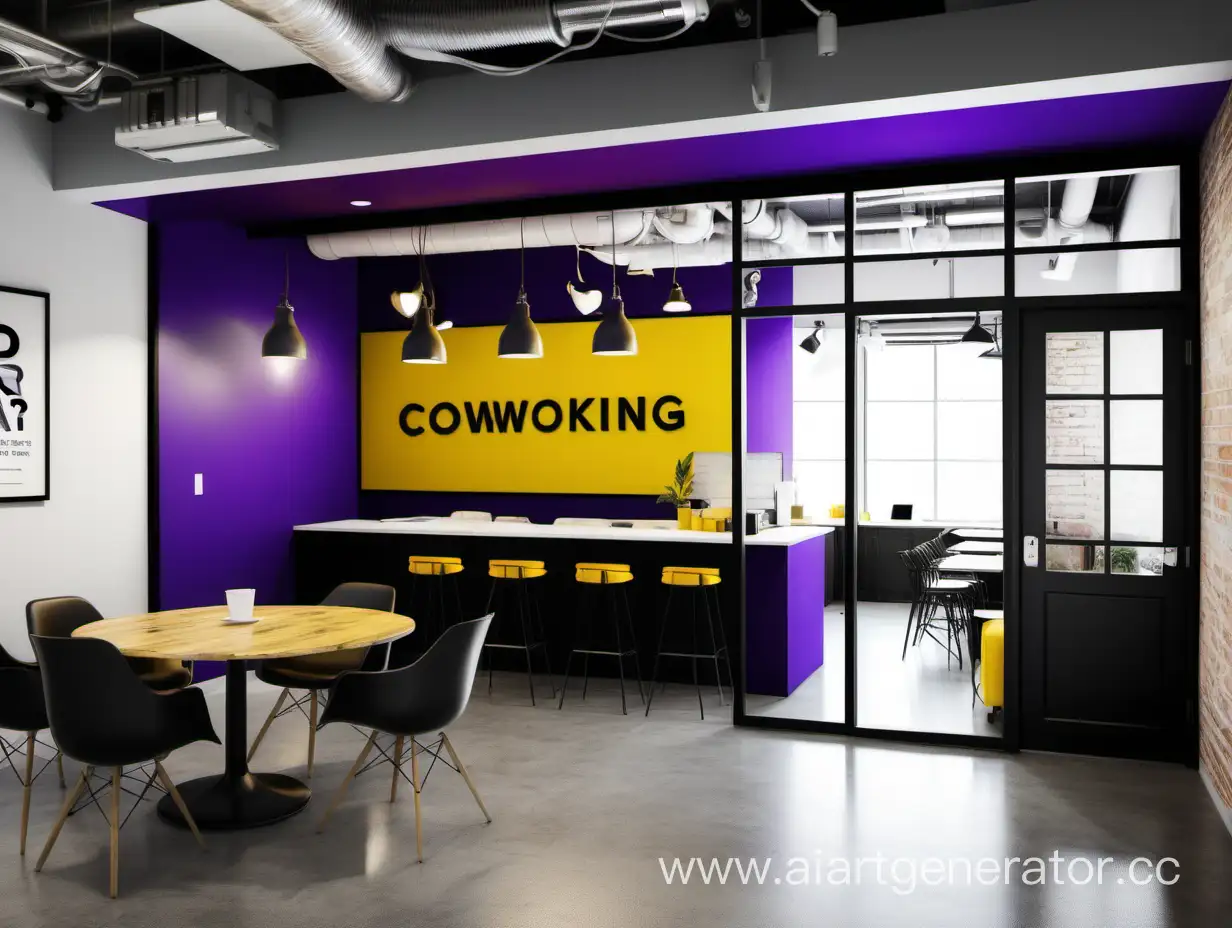 This is a coworking space, plus coffee bar. Current interior color combination: purple, yellow, white 10%, black 10%.

doors automatic sliding window. Create a banner with hidden message: let's create an intelligent strong team together.