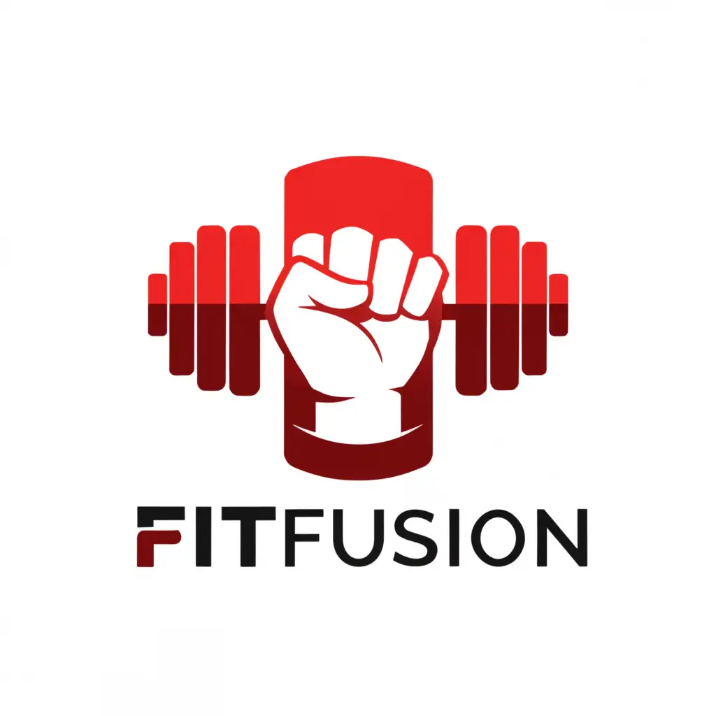 a logo design,with the text "FitFusion", main symbol:Dumbell with a hand and it should be red theme,Moderate,be used in Sports Fitness industry,clear background