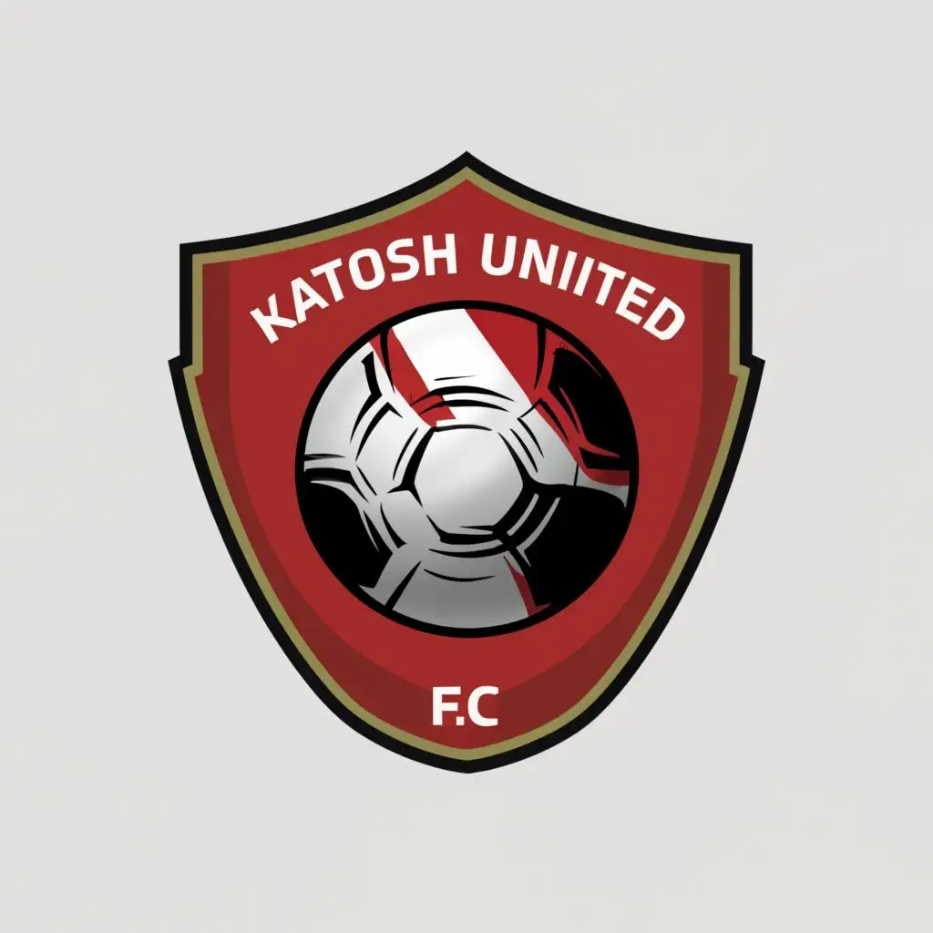 a logo design,with the text "KATOSH UNITED FC", main symbol:This is a football club.  The logo should have a ball image, which has half different colour. one half red, the other half white,Moderate,clear background