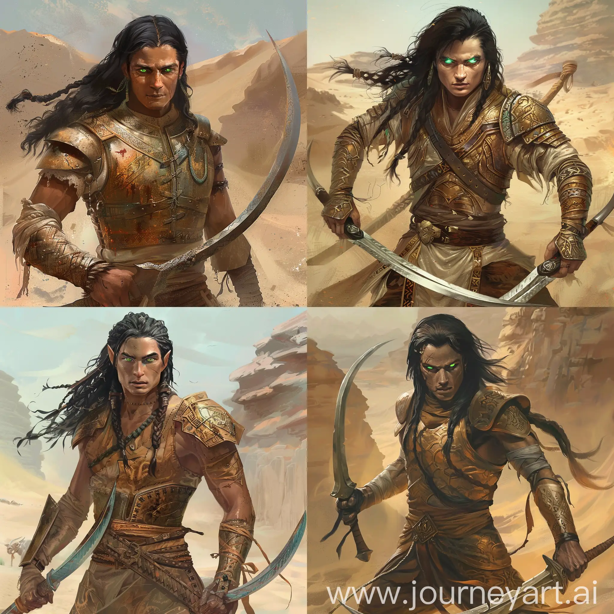 Courageous-Warrior-Elarion-Wielding-Tribal-Blades-in-Centara-Desert