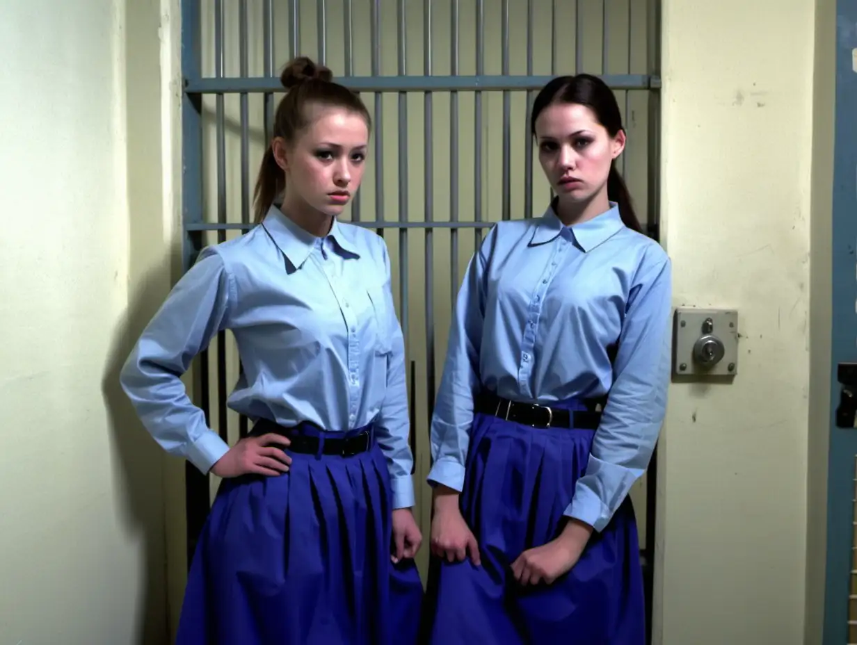 Two prisoner women (25 years old, same dress) stand Line up along a wall in a prisoncell  in blue longsleeve buttoned (club collar) shirt and blue midi skirt ( brunette or blonde low pony hair, sad) (a printed "4396" numberlabel on shirt chestpocket), look into camera