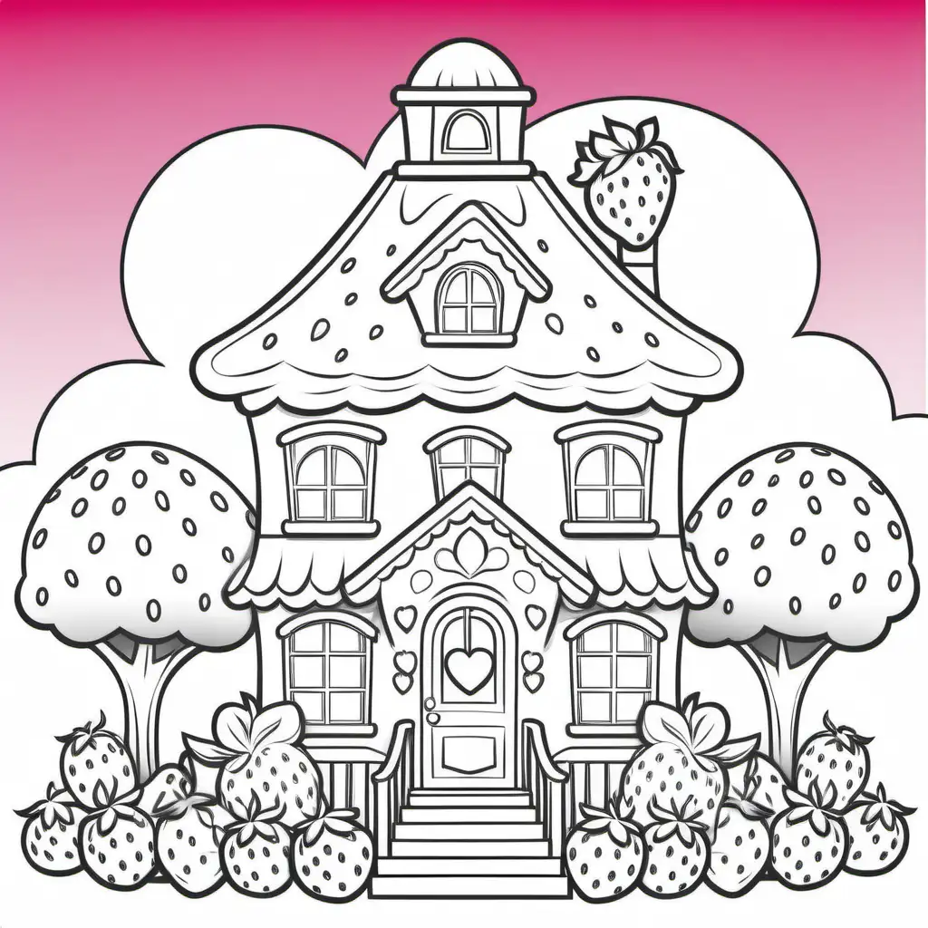 very colorful, strawberry shortcake house 
coloring page, valentine theme, cartoon style, very white background, no shades