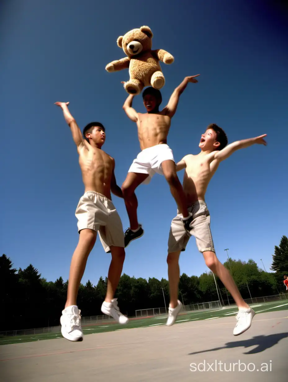 athletic shirtless 17 year old high school school boys jump on a tiny flattened squished small teddybear, low angle