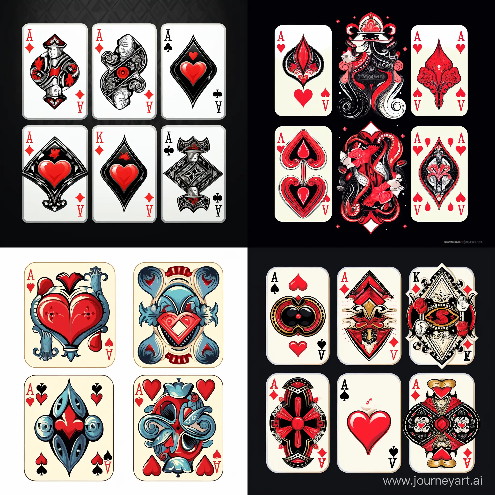 Four design options, clubs, diamonds, spades, clubs, backs of playing cards, with an ornament of spades, diamonds, clubs, hearts, musical symbols, cartoon style, pop art style