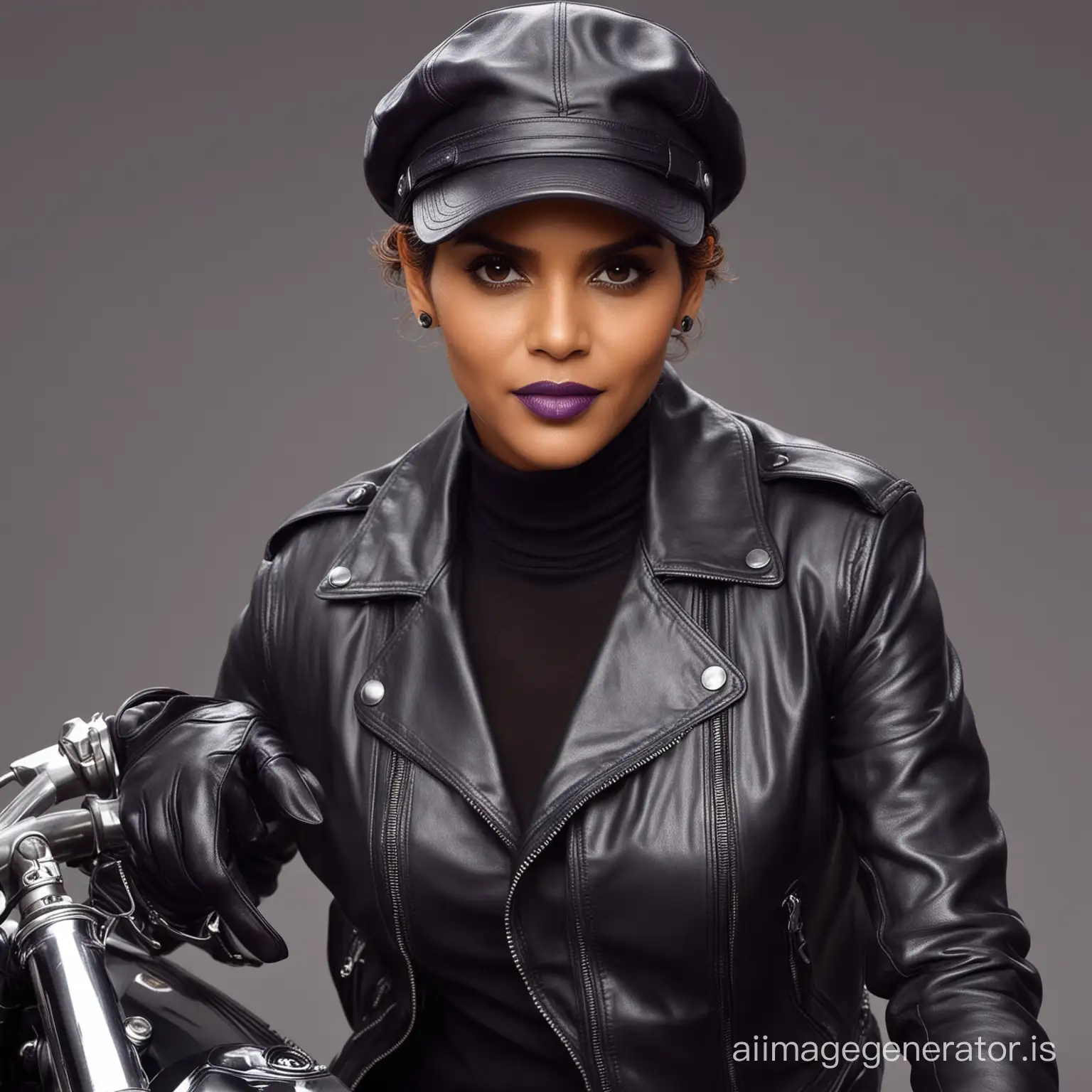 Halle Berry Lookalike in Black Leather Motorcycle Gear with Bold Purple  Lipstick and Biker Cap | AI Image Generator