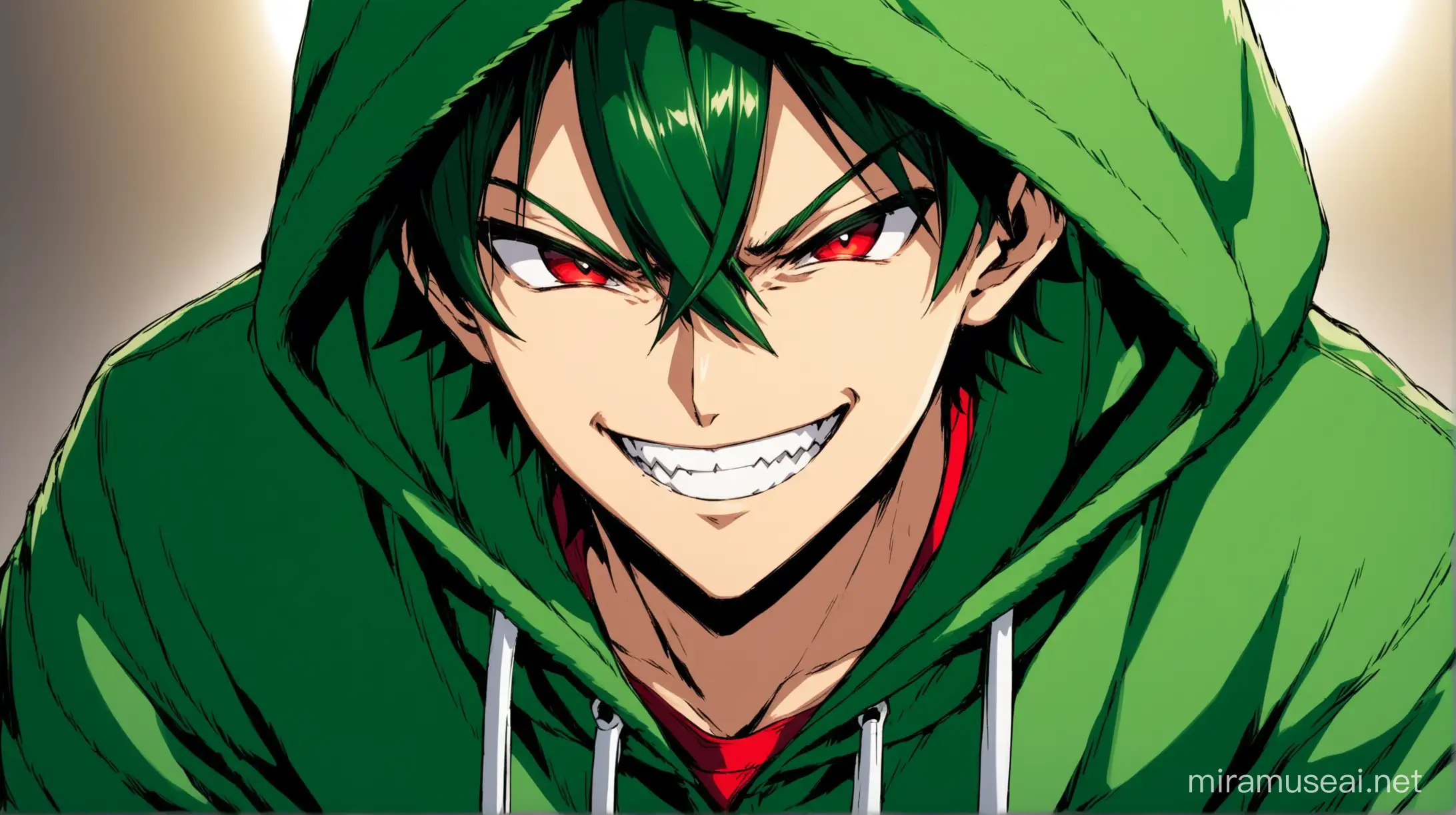 A front body image of an anime male character bending and smiling to talk with someone. He is male, dark green headed, wearing green hoodie with red inner shirt collars, evil smile, badass, criminal, wearing dark green sneakers in anime style