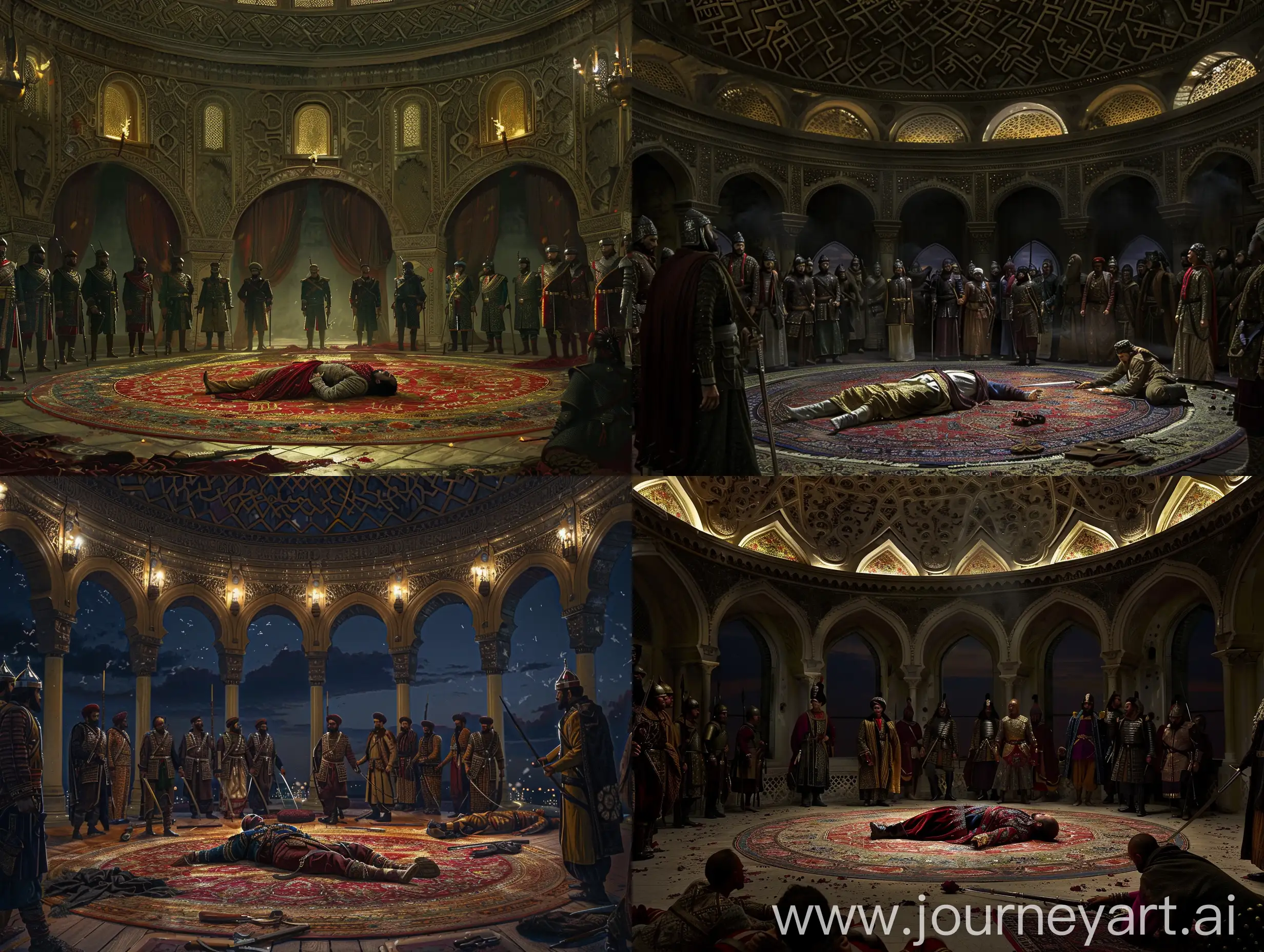 Ottoman-Janissaries-Mourning-Fallen-Prince-in-Opulent-Persian-Hall
