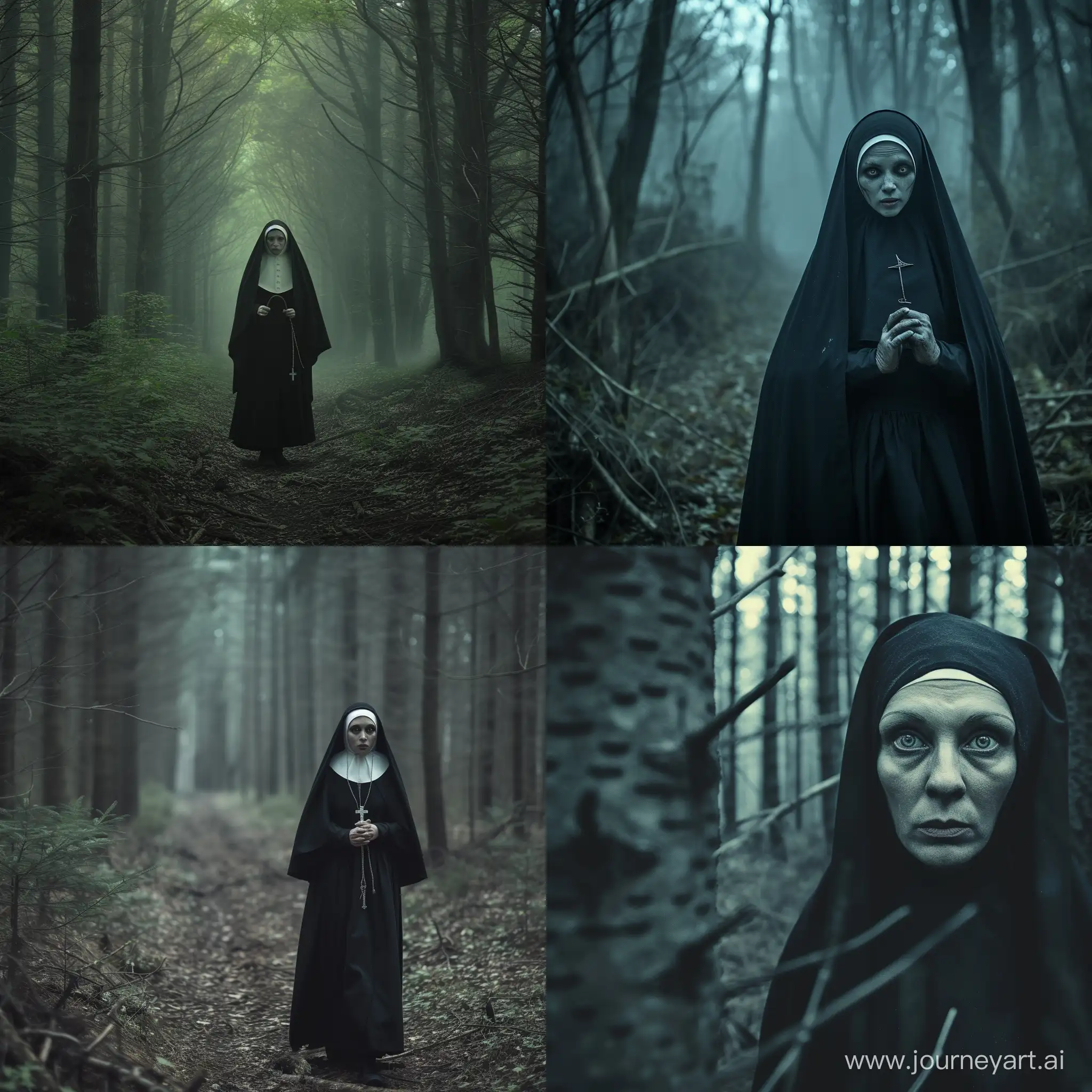 terror de monja en un bosque