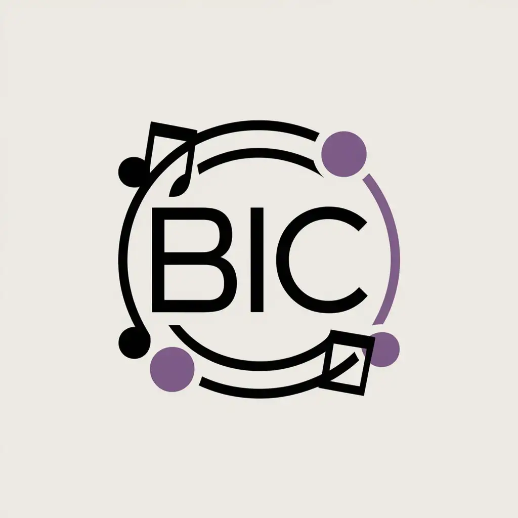минималистичный логотип для музыкального приложения с буквами BIC в центре и музыкальными нотами вокруг. основные цвета: черный, белый и фиолетовый