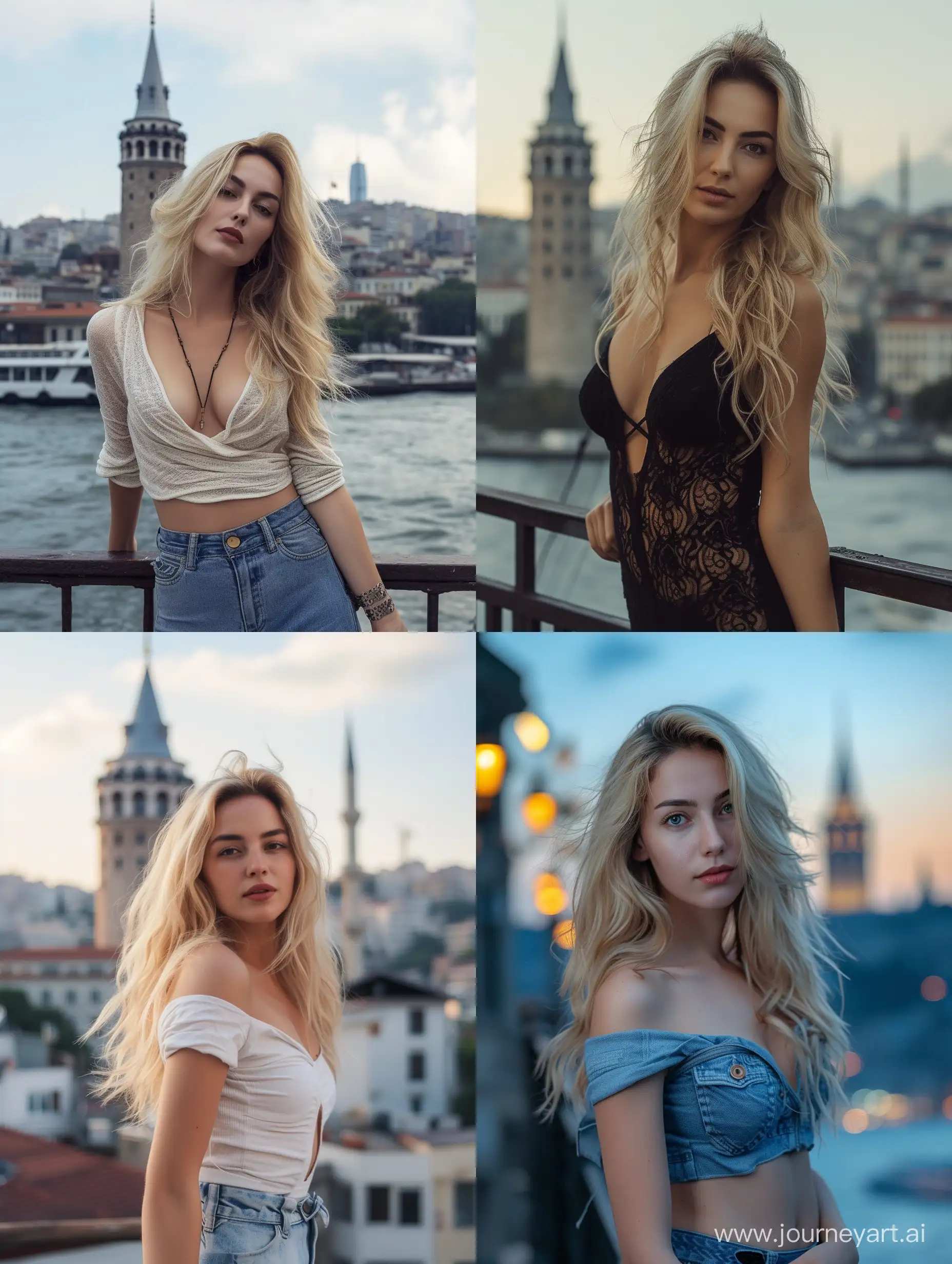 woman 30 years old, realistic, photography, blonde, curvy, on the background Galata Tower --v 6 --ar 3:4 --no 95528