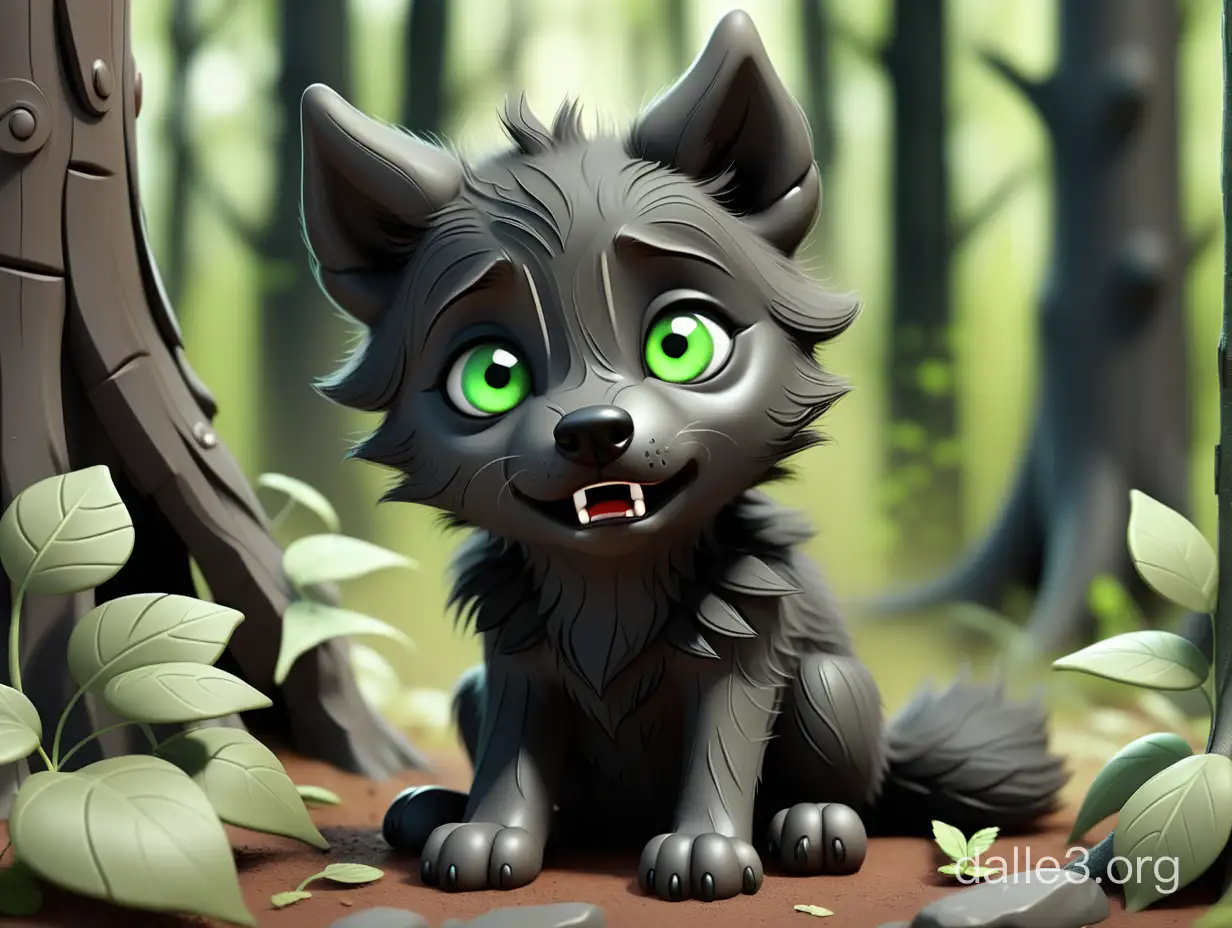 Чёрный с серой грудкой и мордочкой зеленоглазый волчонок сидит в лесу и плачет.