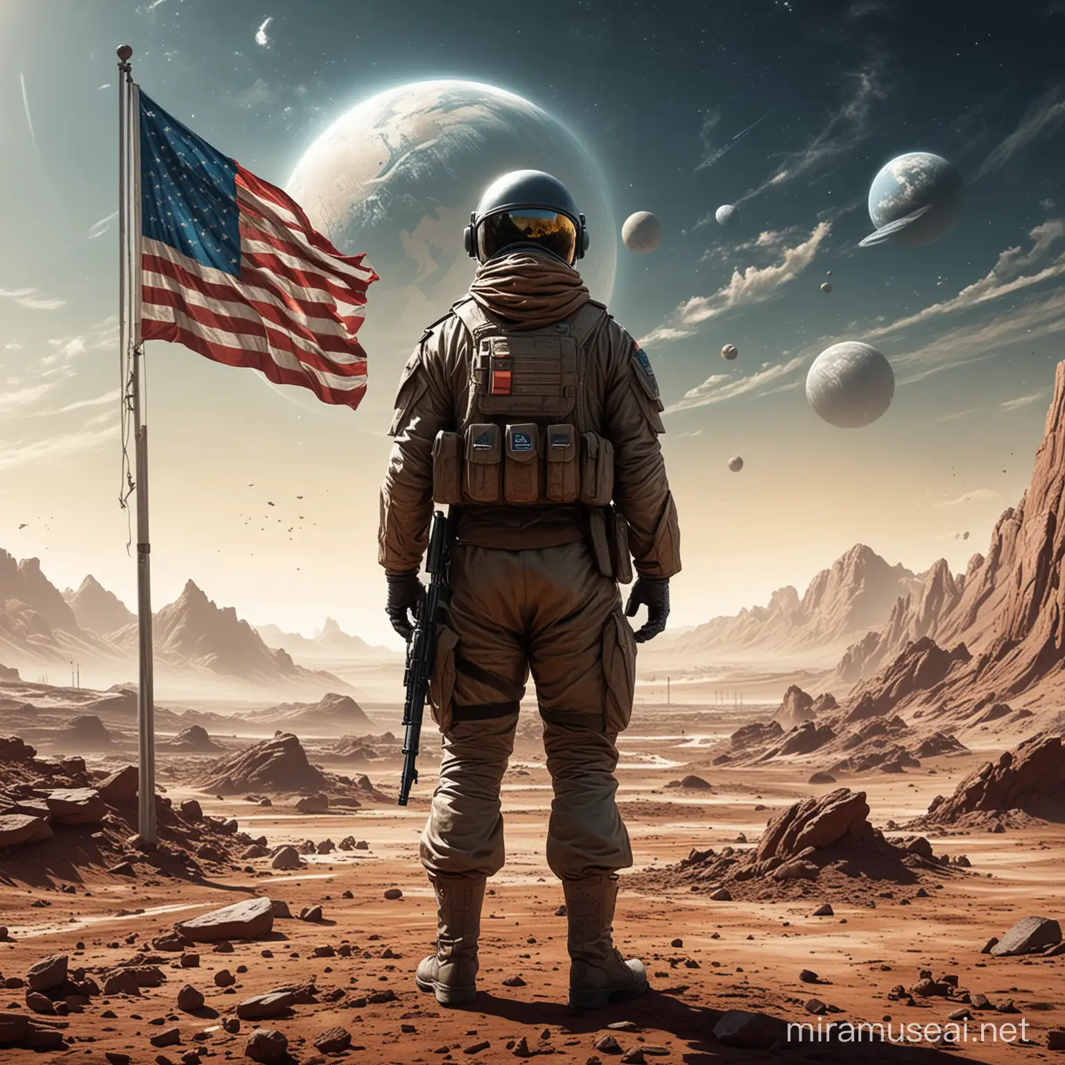 Concept of art work is 1 color : Military Space Solider standing over a battle field. The face can be Covered with a helmet. Behind him is a Flag of what can be assumed to be Super Earth or Earth home Planet.
