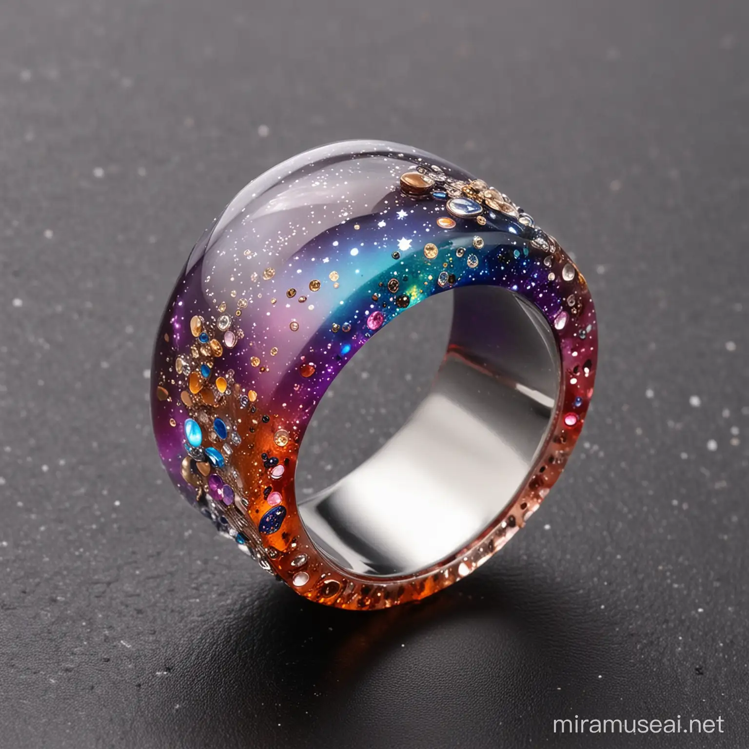 resin ring with a galaxy color effect and small stones