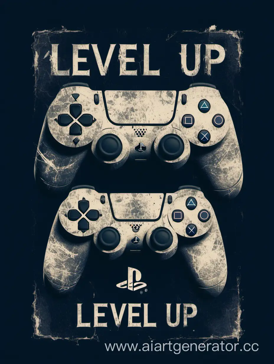 "Level up" with distressed textures, remote Playstation 5,with a progression bar showcasing, and worn-out designs, giving a vintage and worn-in look to the t-shirt, high quality, 128K Ultra 