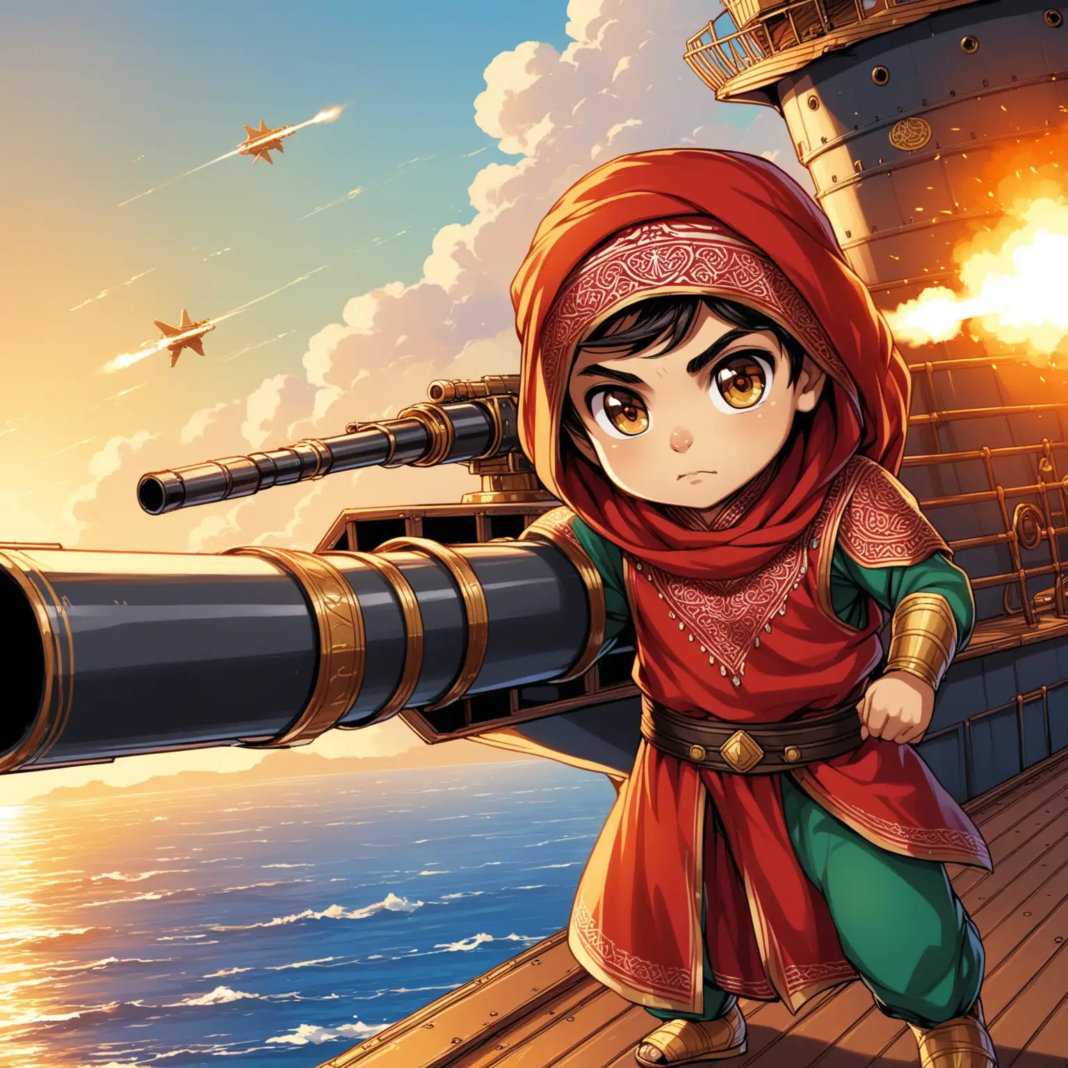 Defaults: Persian(face, language, design), 7 to 10 years old boys' favorite colors.

Ali is a Persian 10 years old warrior, on the IRIS Deylaman warship's deck, firing with anti-aircraft cannon, clothes full of Persian designs, smaller eyes, bigger nose, white skin, brown eyes.