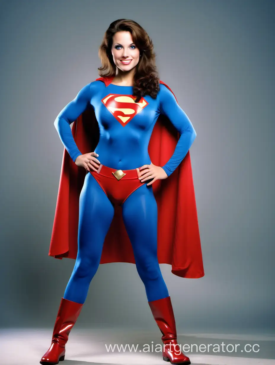 A beautiful woman with brown hair, age 30, She is happy and muscular. She has the physique of a baller dance. She is wearing a Superman costume with (blue leggings), (long blue sleeves), red briefs, red boots, and a long cape. The symbol on her chest has no black outlines. She is posed like a superhero, strong and powerful. In the style of a 1980s movie.